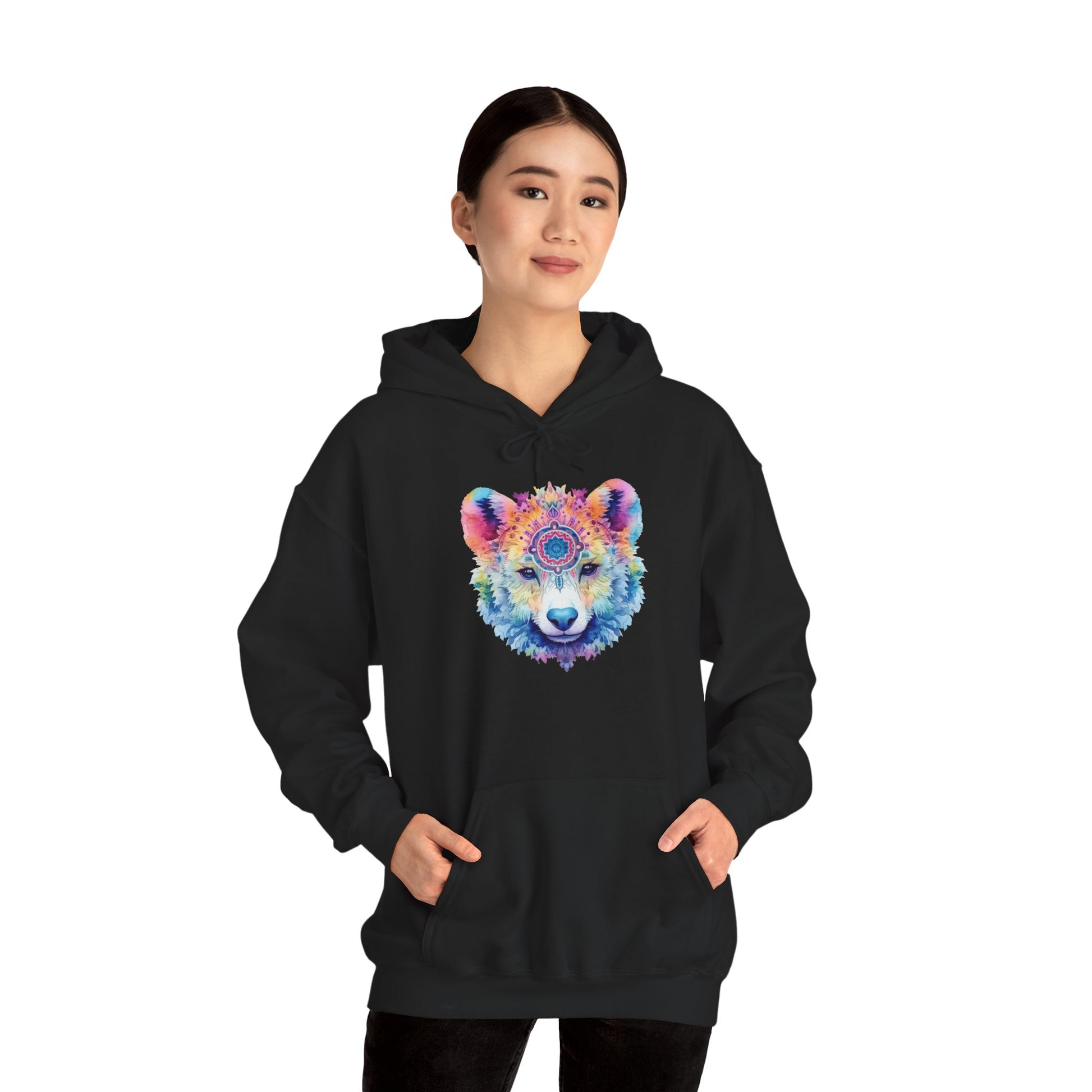 Mandala Bear Hoodie – Vibrant Watercolor Animal Art Sweatshirt for Bold, Free-Spirited Souls