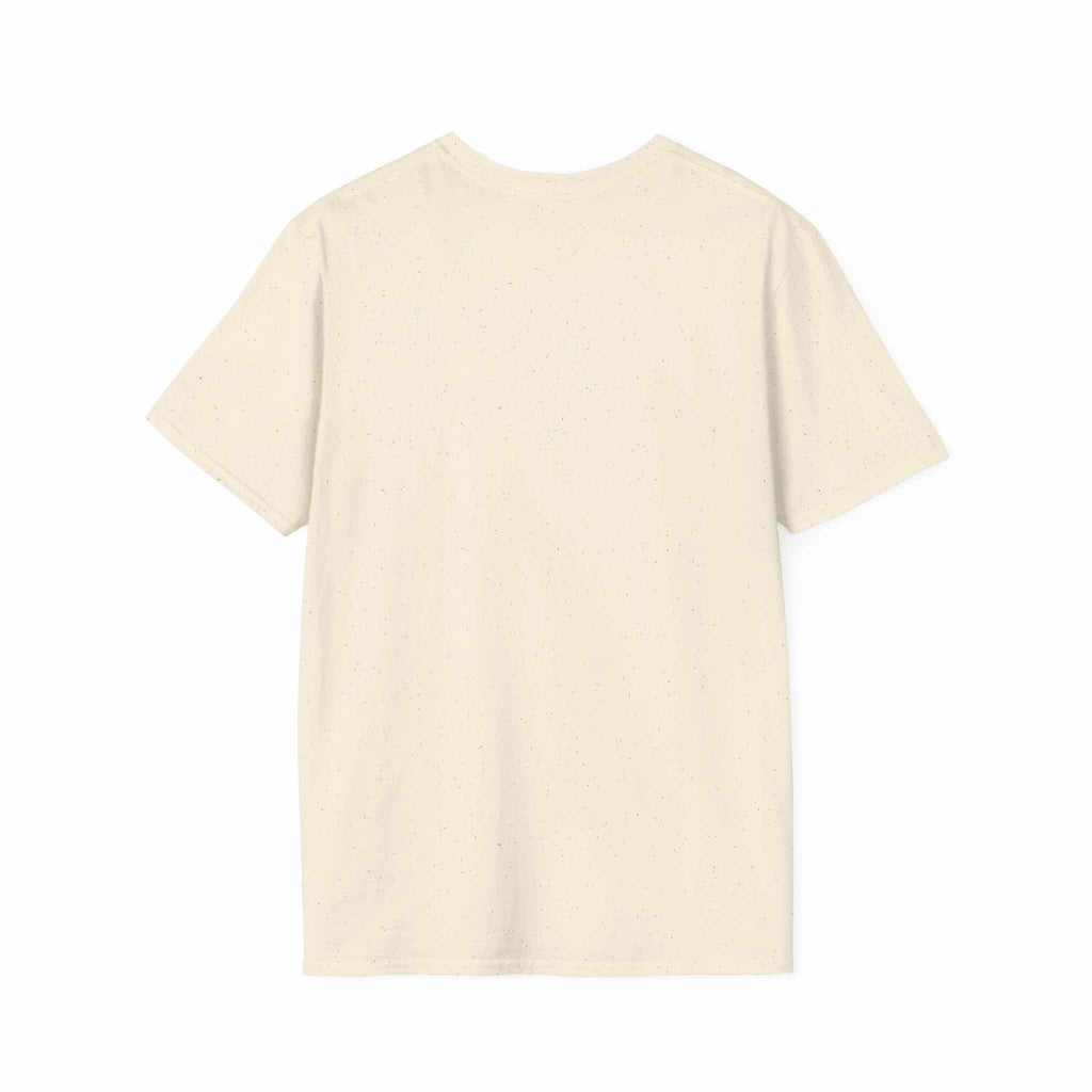 Back view of plain beige Camping Adventure Unisex T-Shirt made from lightweight ring-spun cotton with classic fit and crew neckline
