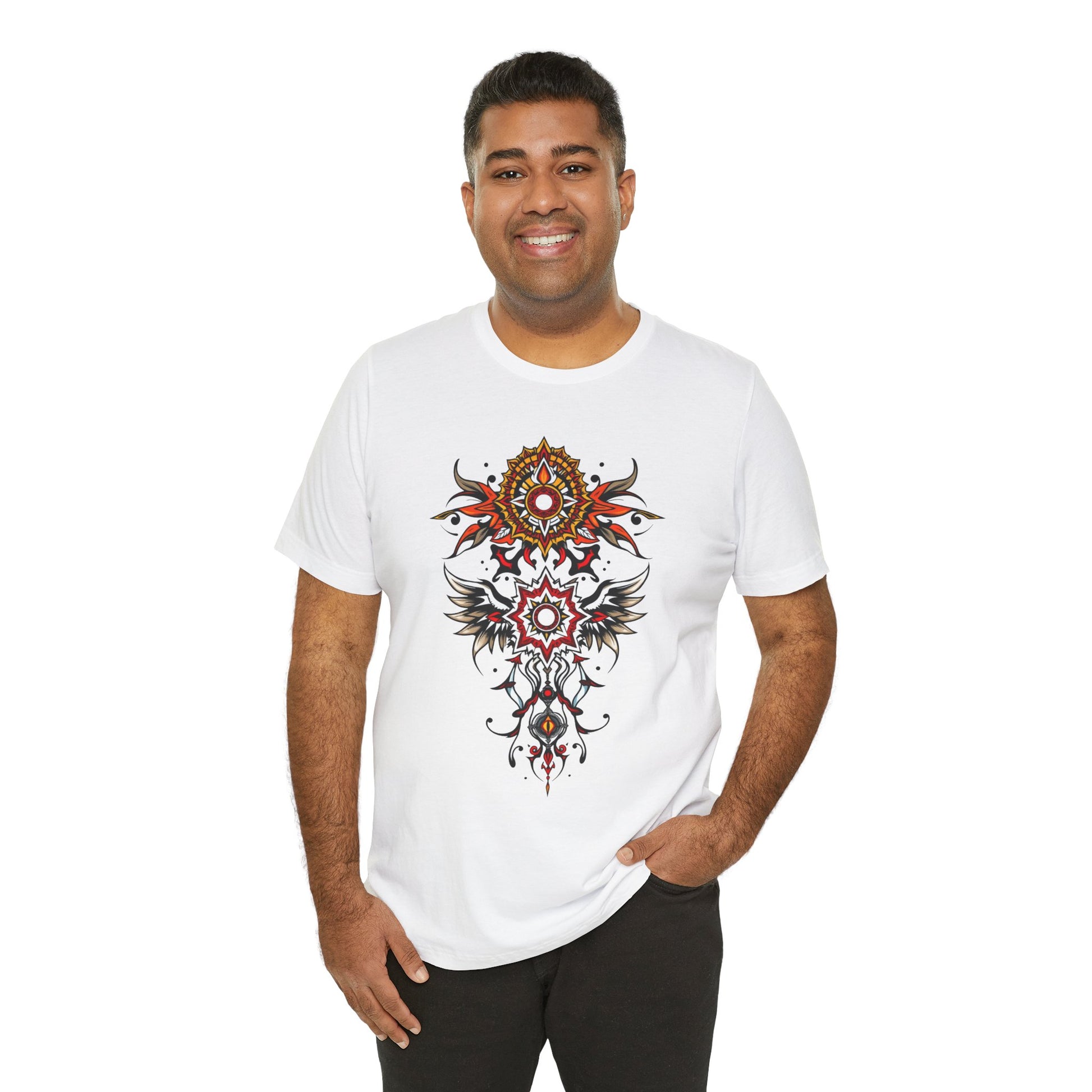 Turn heads in this tee, available in vibrant colors, showcasing a fiery red and gold tribal mandala for bold, artistic style