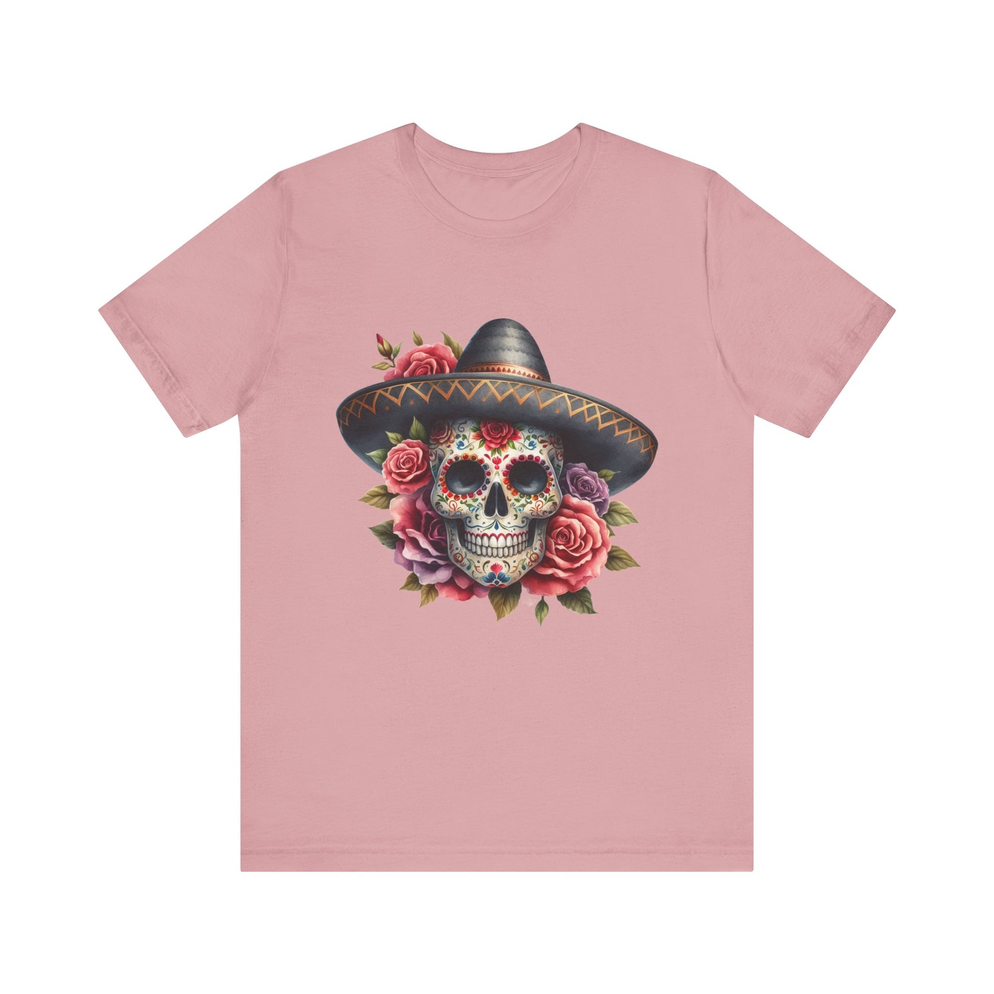 Colorful tee featuring a sugar skull in sombrero and roses for vibrant fiesta vibes