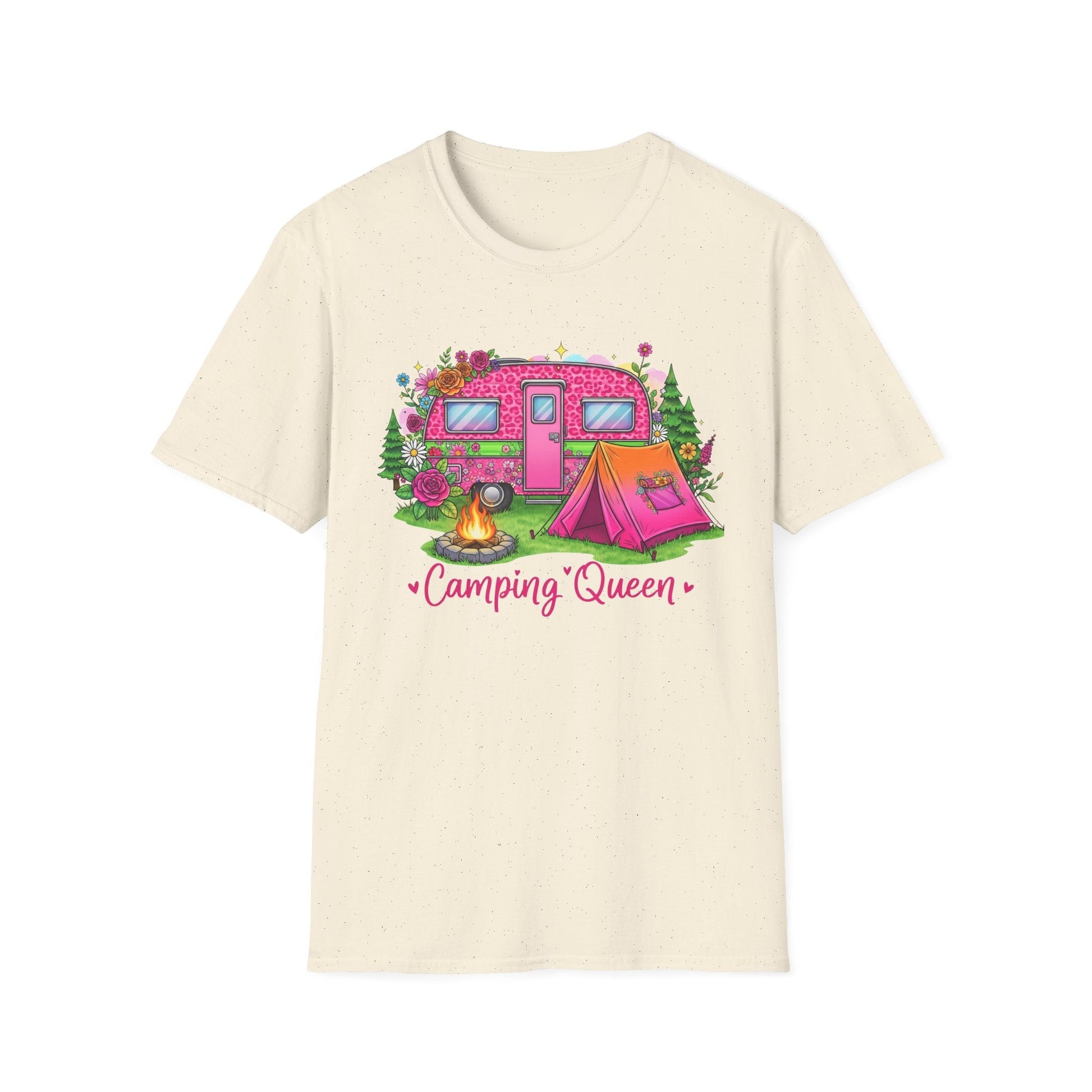 Camping Queen T-Shirt with colorful pink camper, tent, campfire, and floral design on cream background