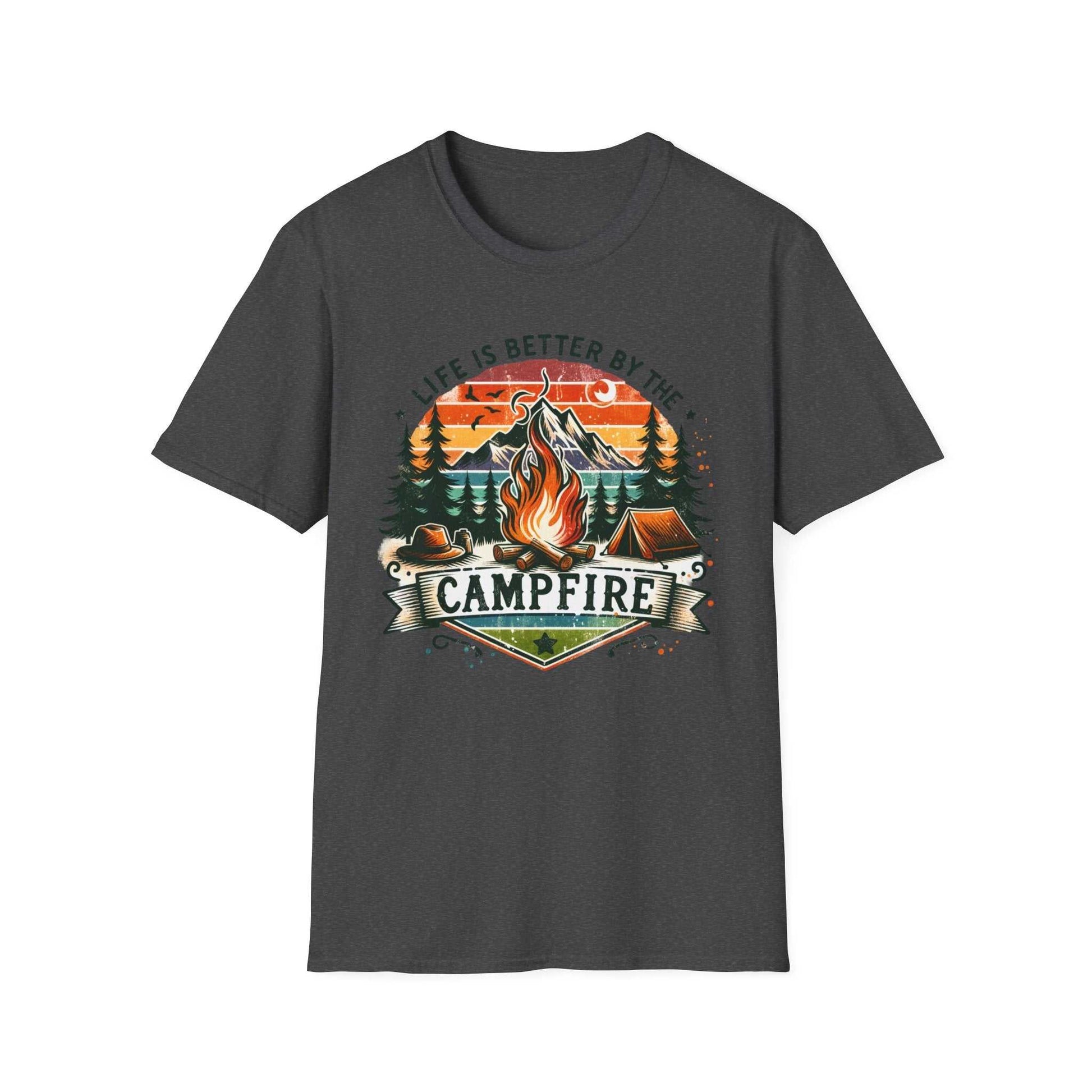 Camping Adventure Unisex T-Shirt with vibrant campfire and outdoor design on dark fabric