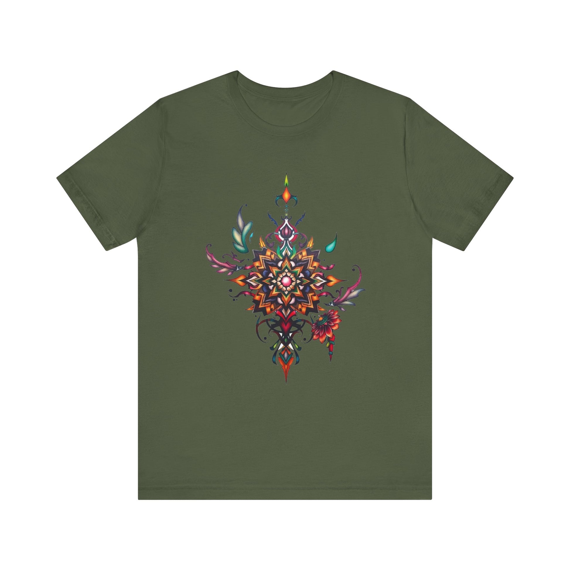 Colorful tee with an ornate mandala and floral design, available in vibrant color options