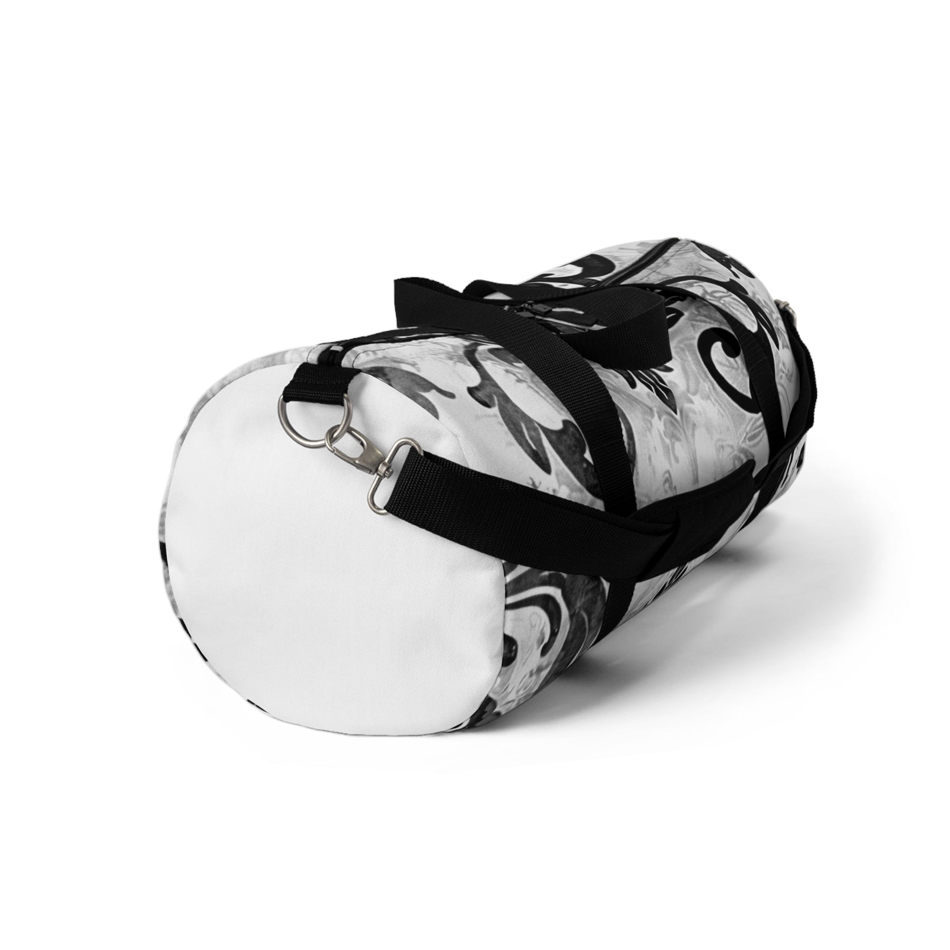 Stylish duffel bag with black and white gothic design, adjustable shoulder strap, and durable polyester material.