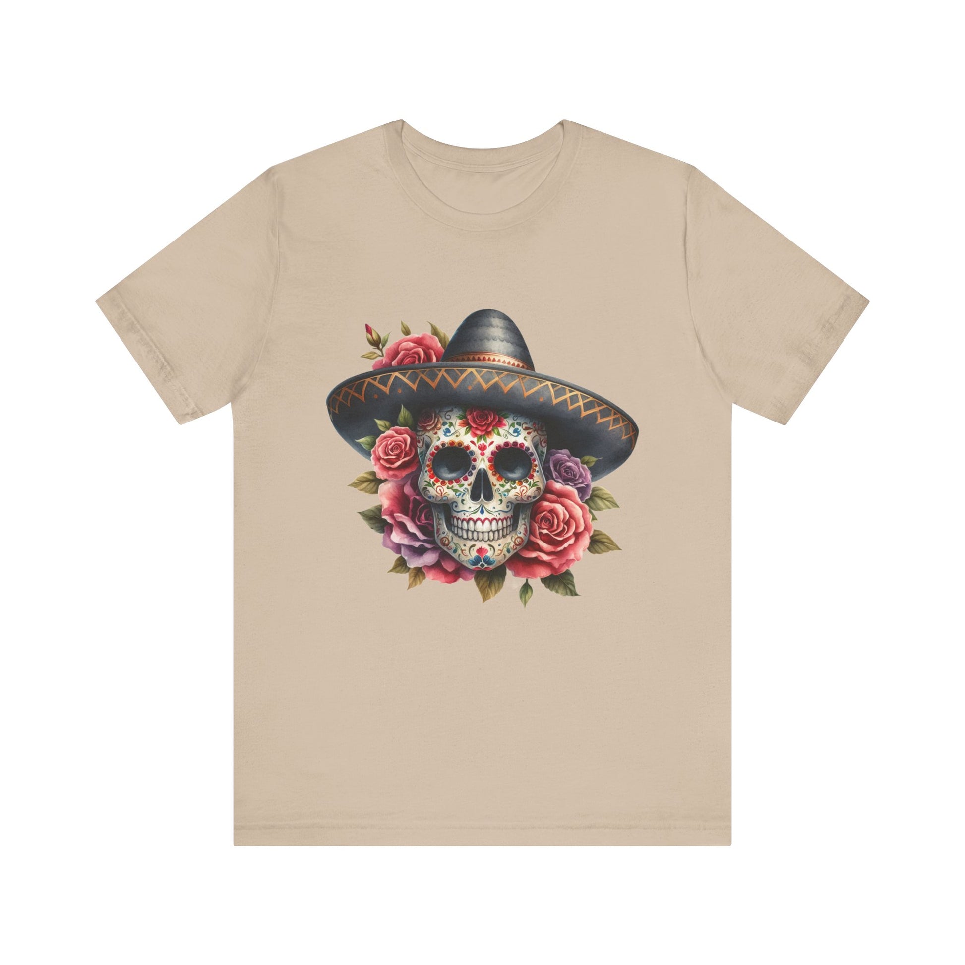Colorful tee featuring a sugar skull in sombrero and roses for vibrant fiesta vibes