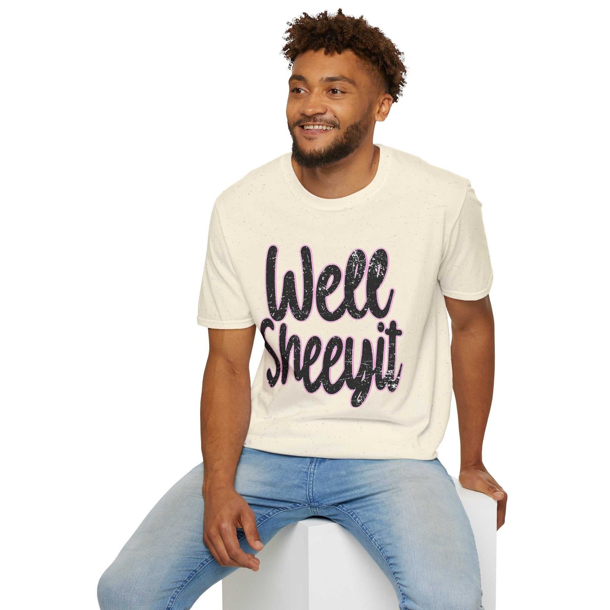 Man wearing casual statement tee with "Well Sheeyit" funny quote, paired with jeans, promoting humor apparel for everyday wear and gifts for friends.