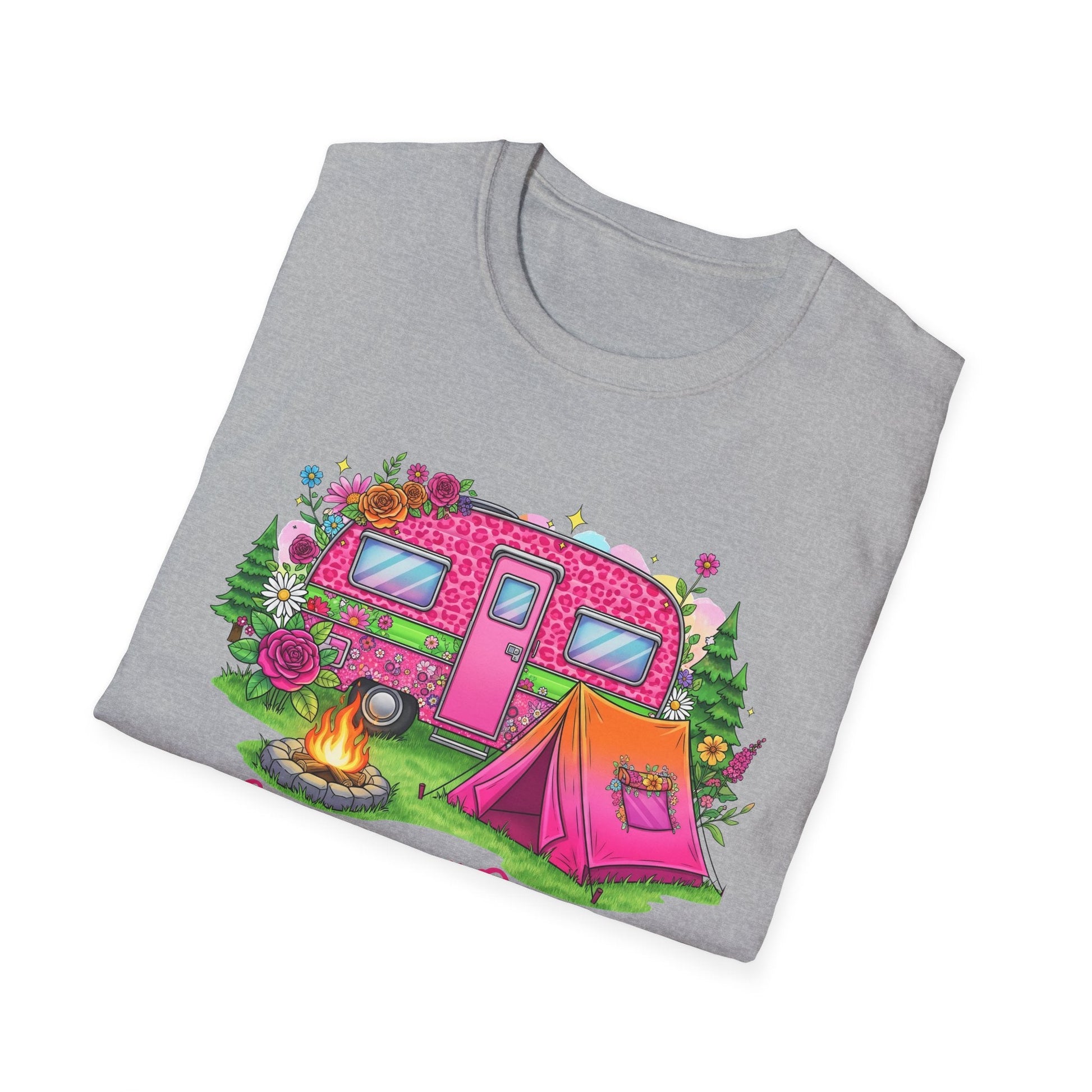 Gray Camping Queen T-Shirt with colorful camper, tent, campfire, and floral design folded neatly