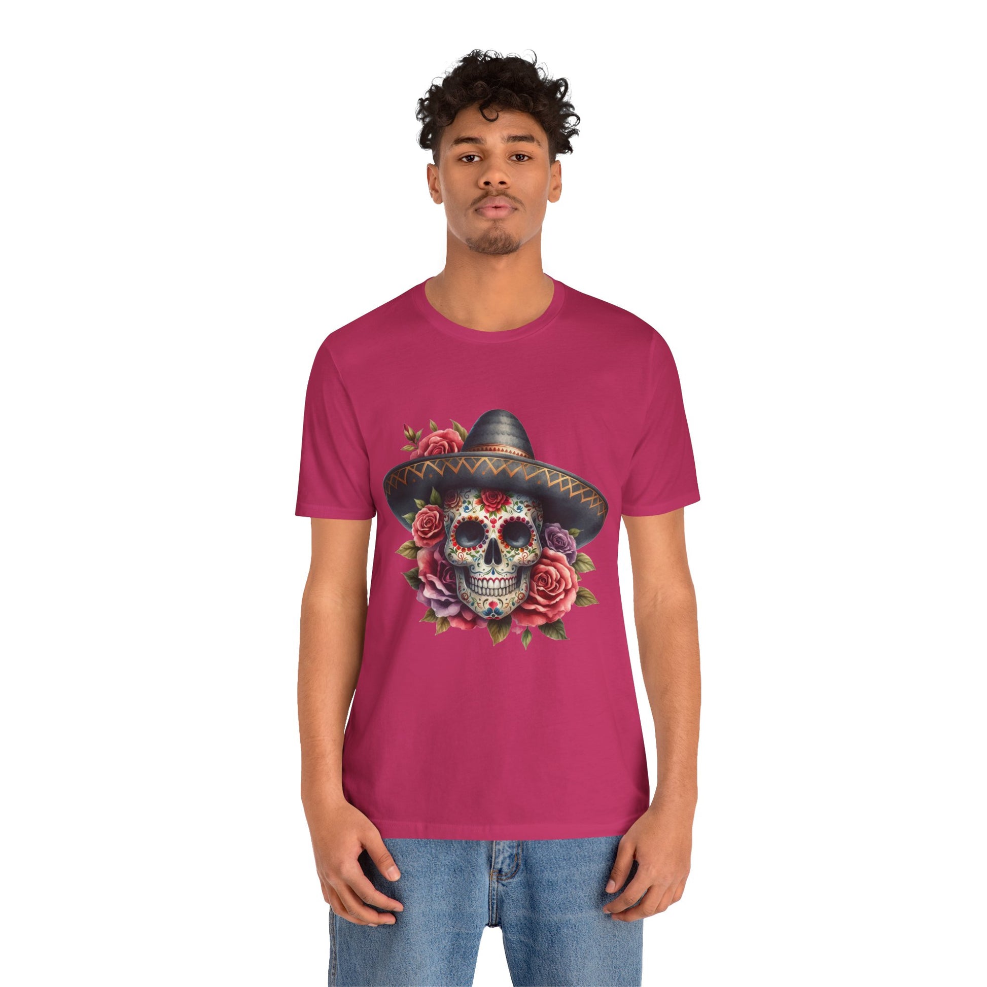 Colorful tee featuring a sugar skull in sombrero and roses for vibrant fiesta vibes
