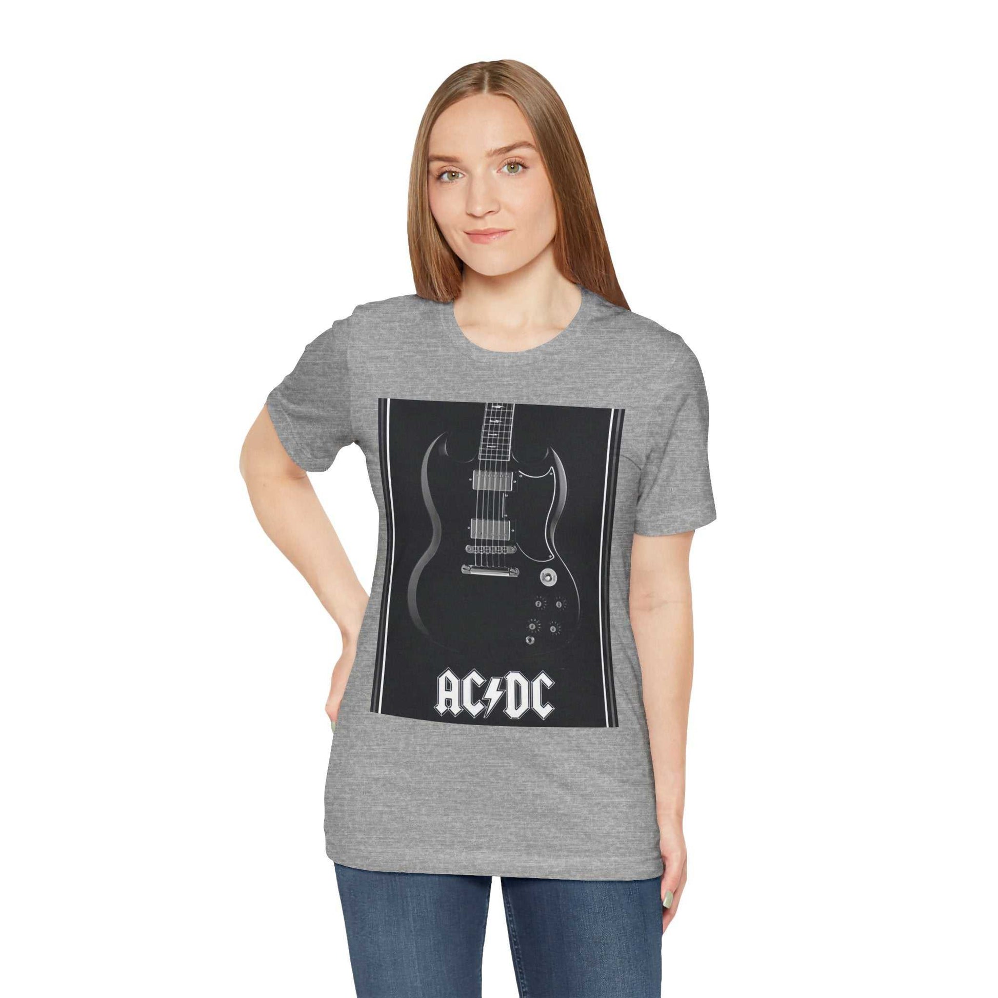Woman wearing gray rock guitar graphic tee with AC/DC design on front
