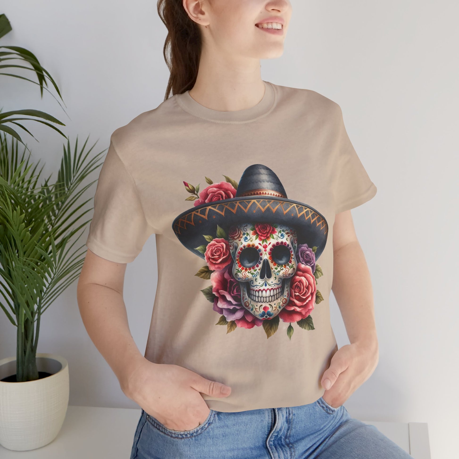 Colorful tee featuring a sugar skull in sombrero and roses for vibrant fiesta vibes