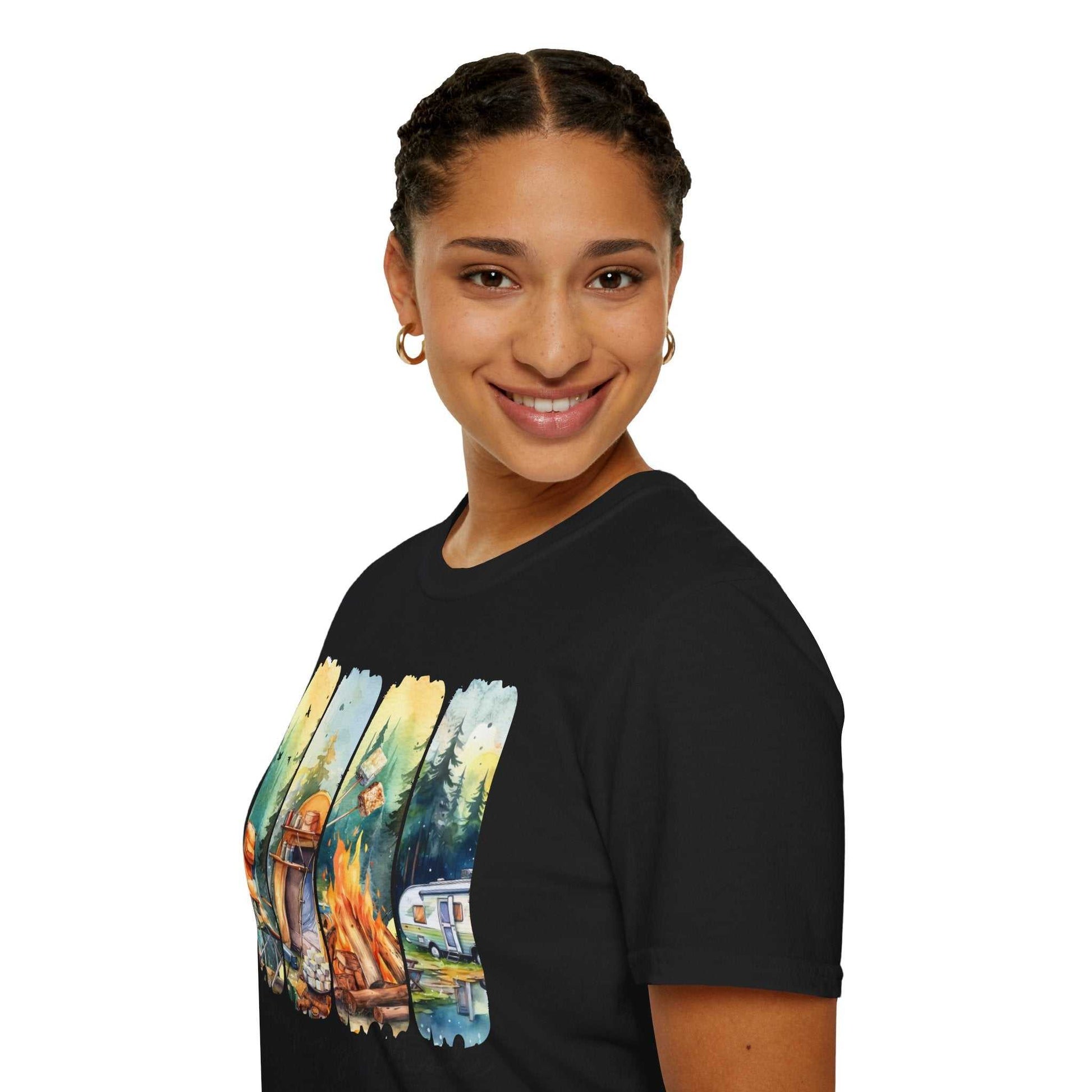 Woman wearing a black Camping Adventure unisex T-shirt with colorful camping-themed print on front