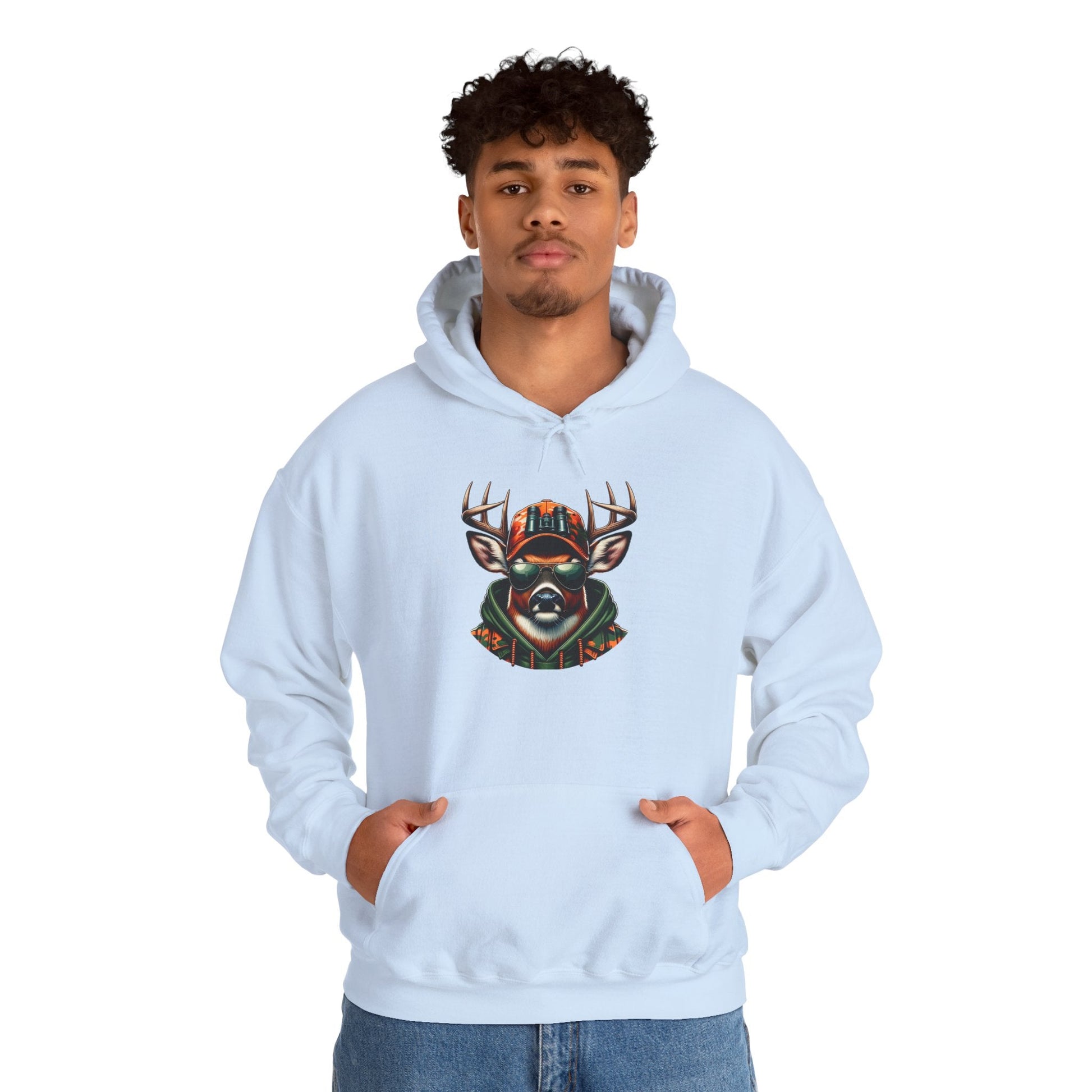 White hooded sweatshirt with bold deer graphic worn by male model with hands in kangaroo pocket