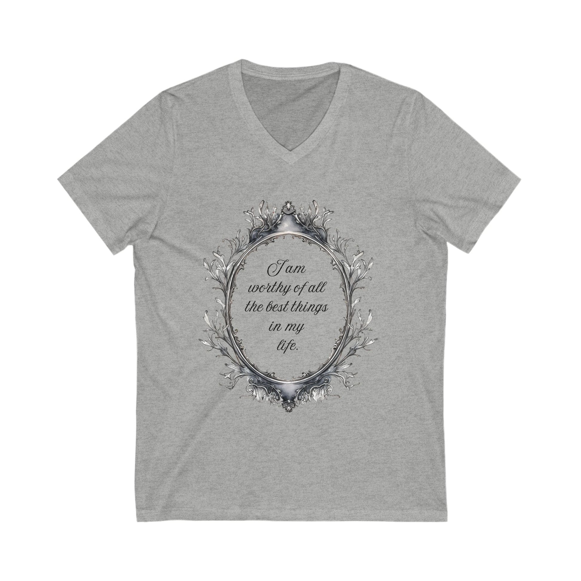Gray unisex V-neck tee with positive affirmation text inside decorative oval frame on front
