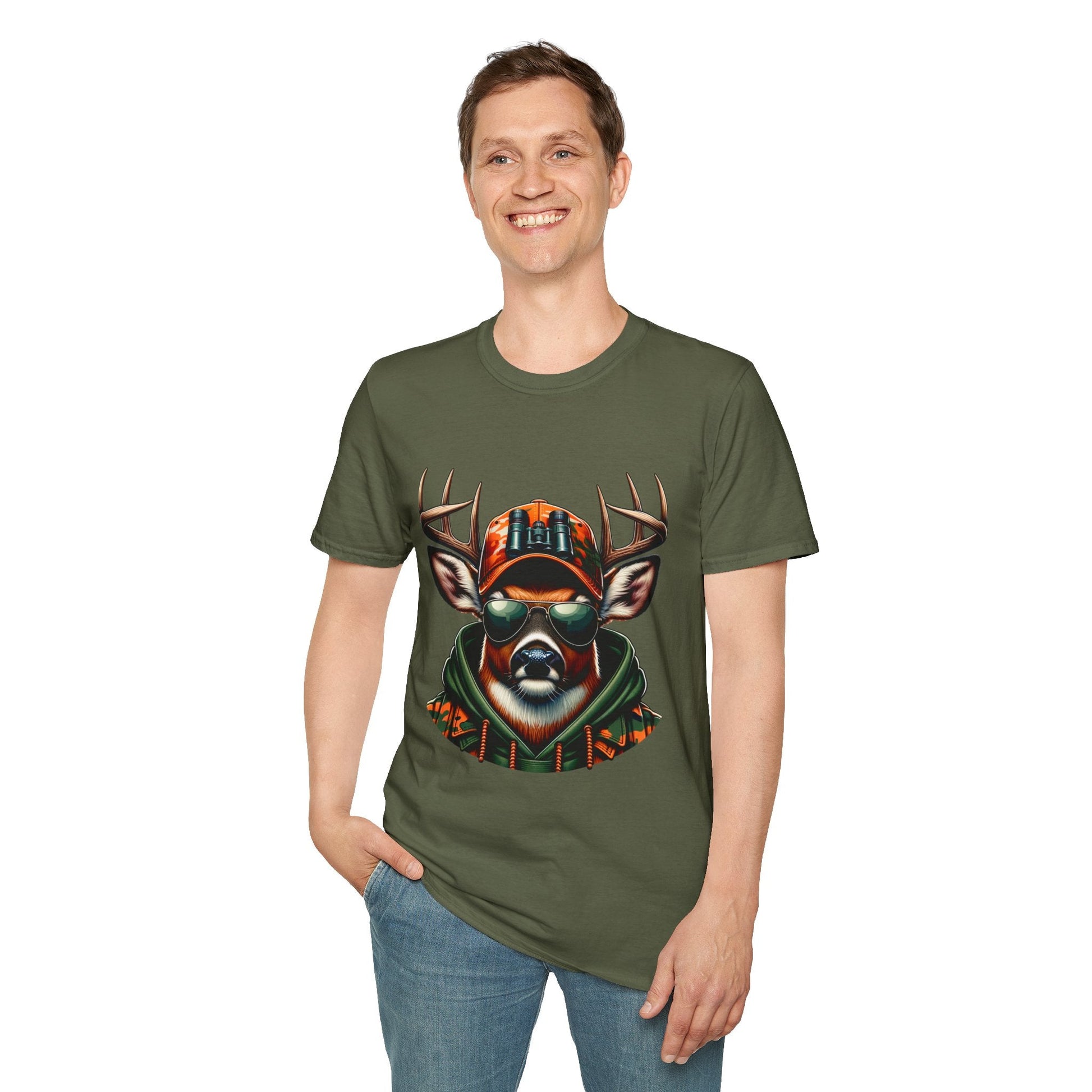 Man wearing olive green Hunting Enthusiast T-Shirt with deer graphic and sunglasses