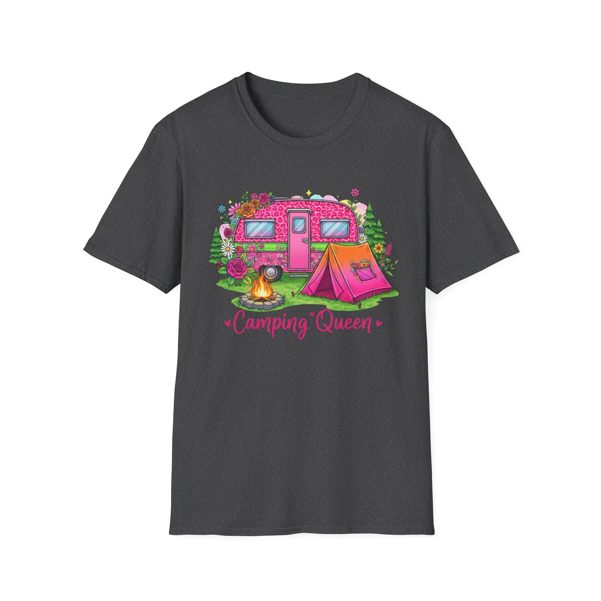 Dark gray Camping Queen T-Shirt with pink camper, tent, campfire, and floral design on front