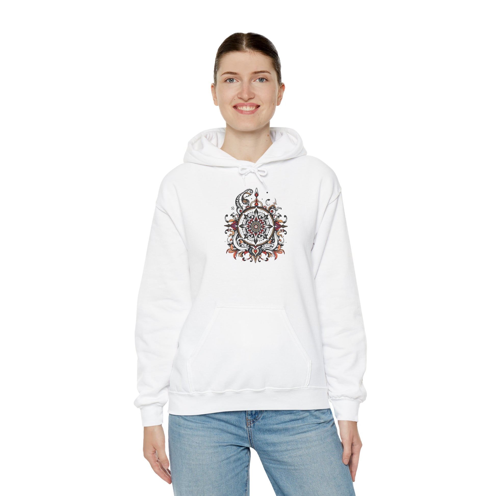 Cozy hoodie featuring a striking black, red, and white mandala, offered in vibrant color choices