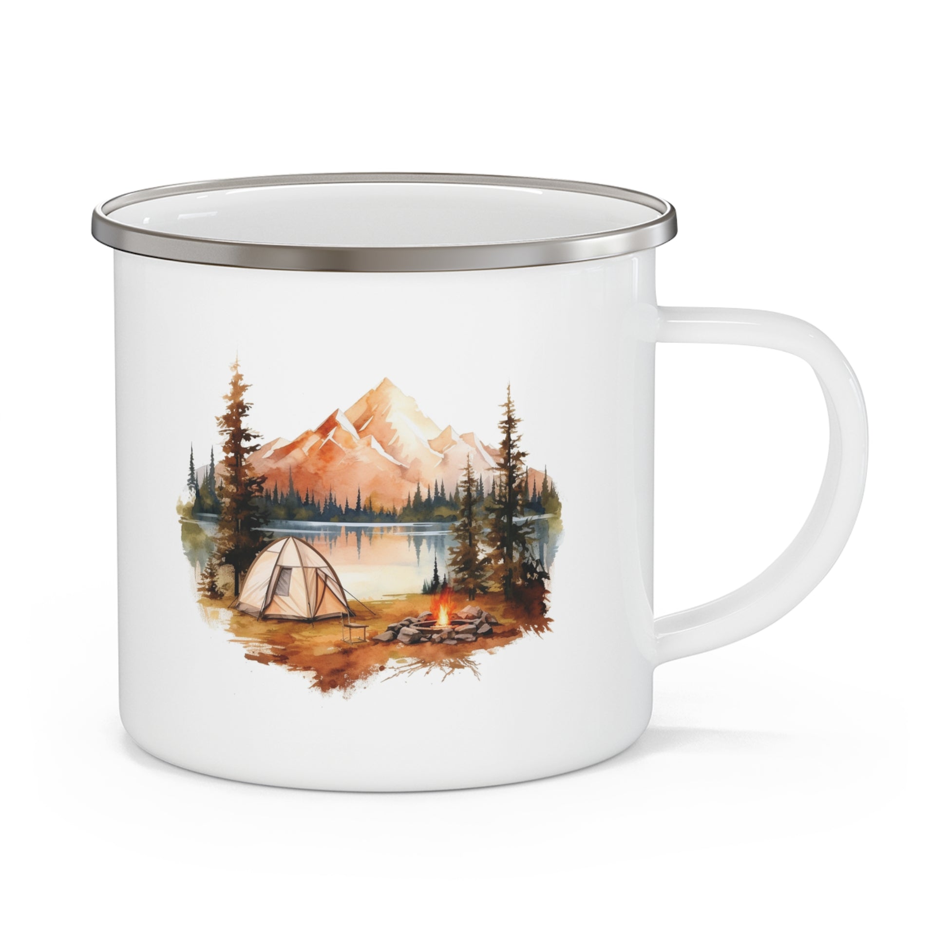 Camping Lake View Enamel Mug with Mountain Tent Scene