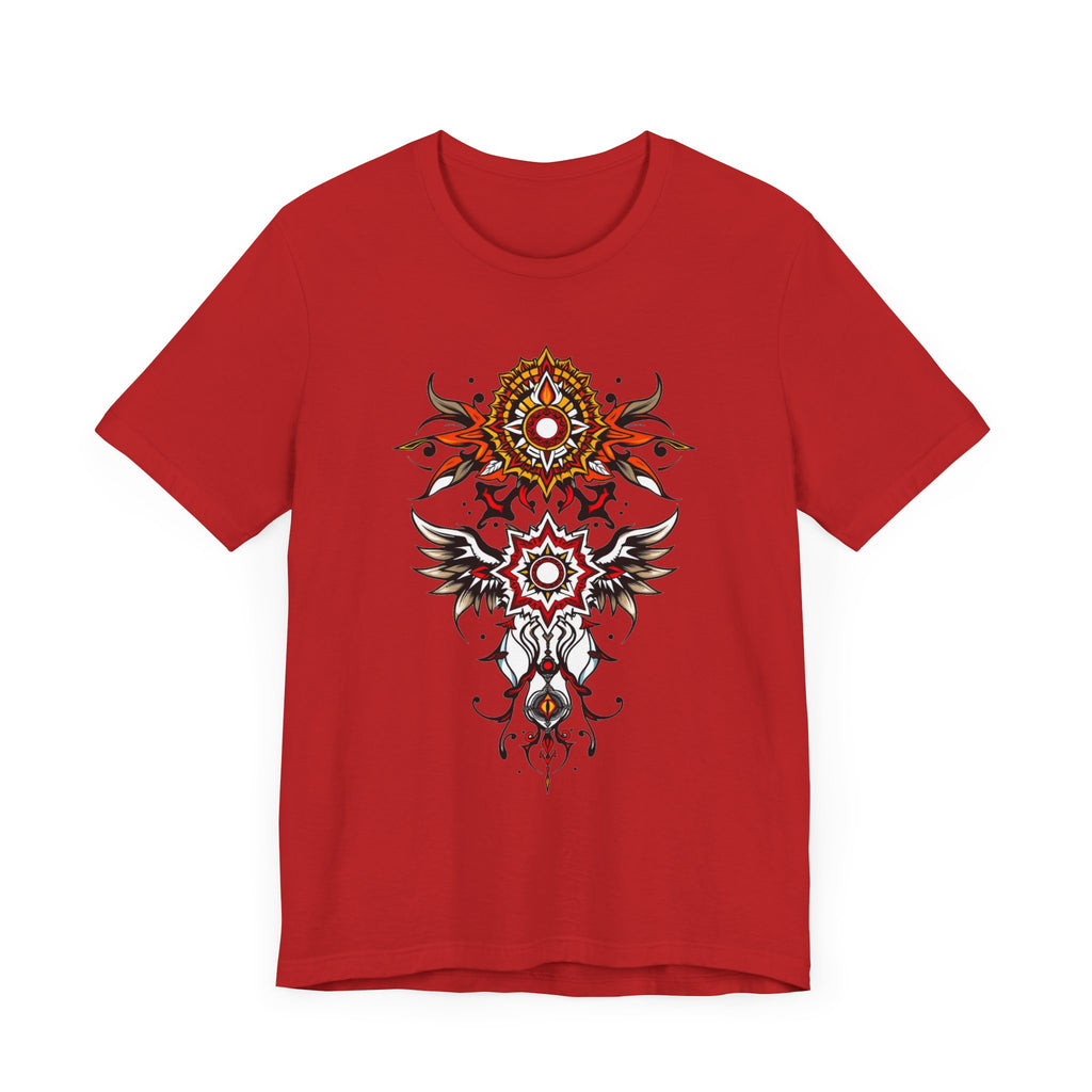 Turn heads in this tee, available in vibrant colors, showcasing a fiery red and gold tribal mandala for bold, artistic style