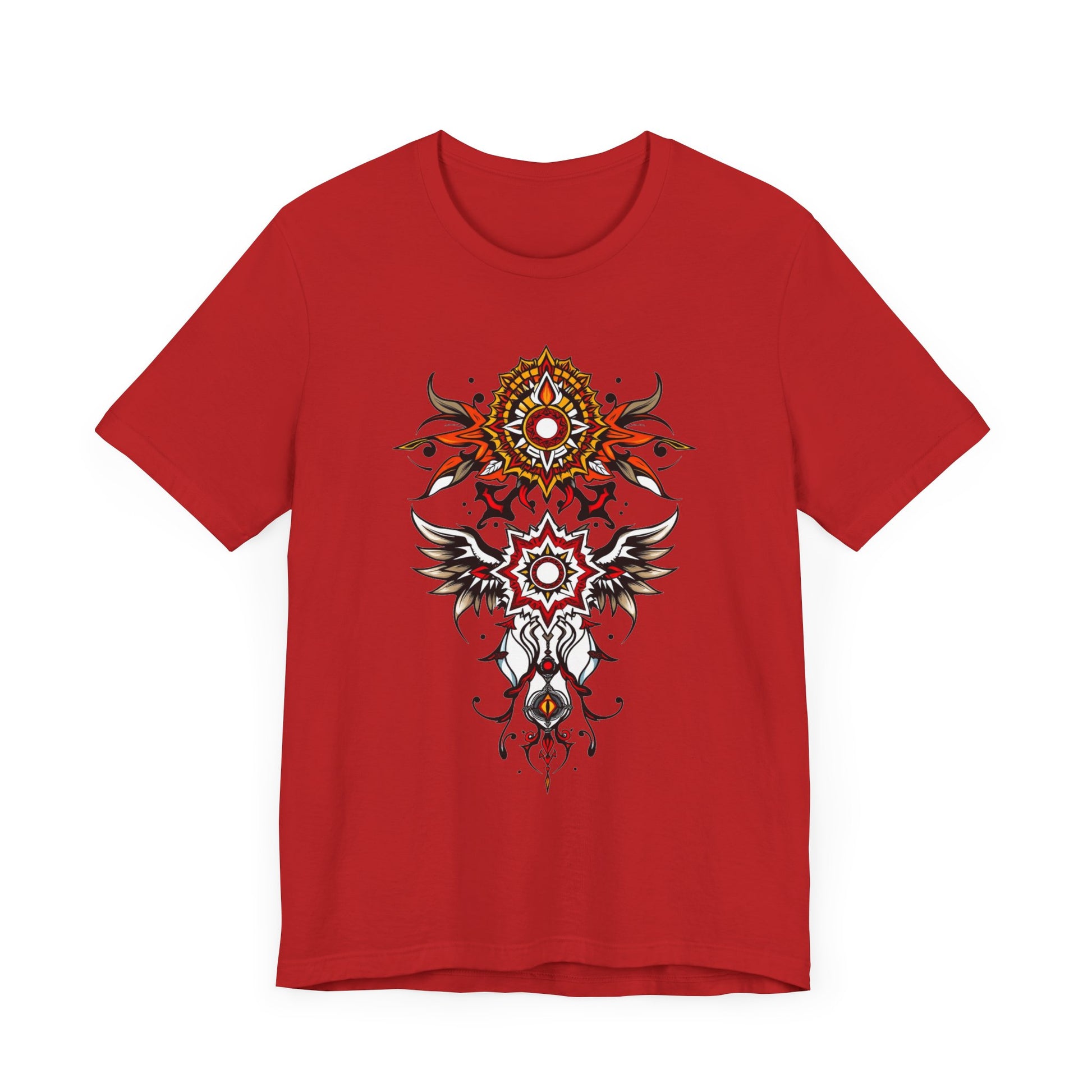 Turn heads in this tee, available in vibrant colors, showcasing a fiery red and gold tribal mandala for bold, artistic style