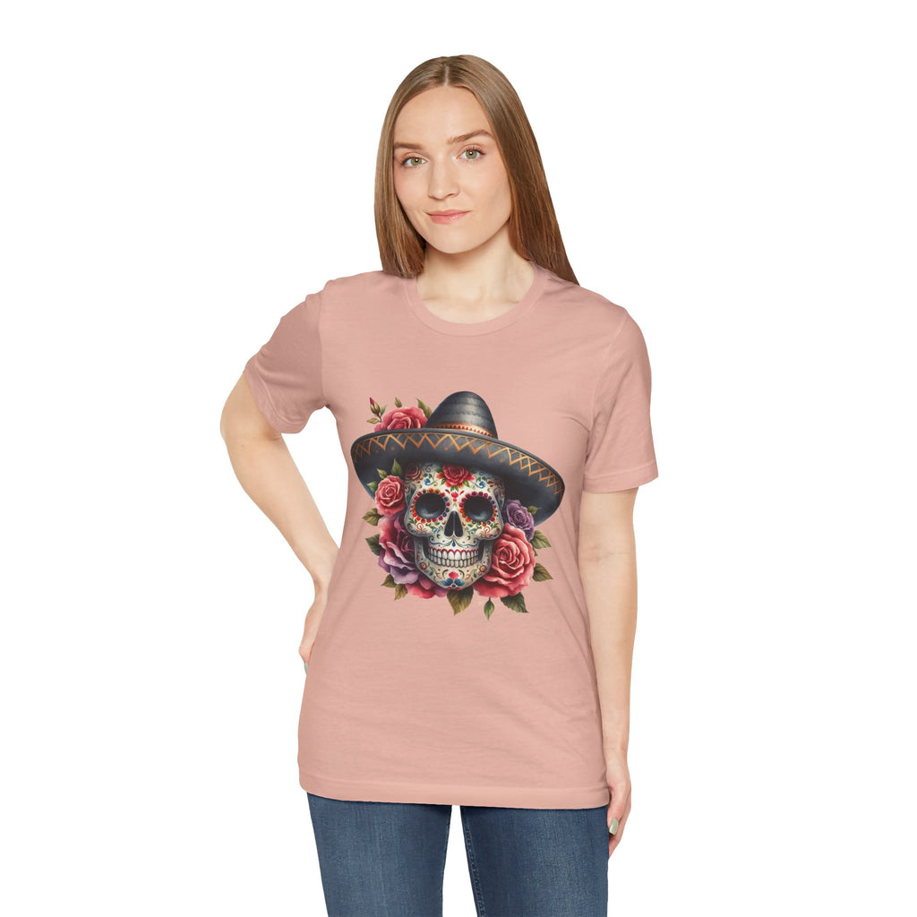 Colorful tee featuring a sugar skull in sombrero and roses for vibrant fiesta vibes