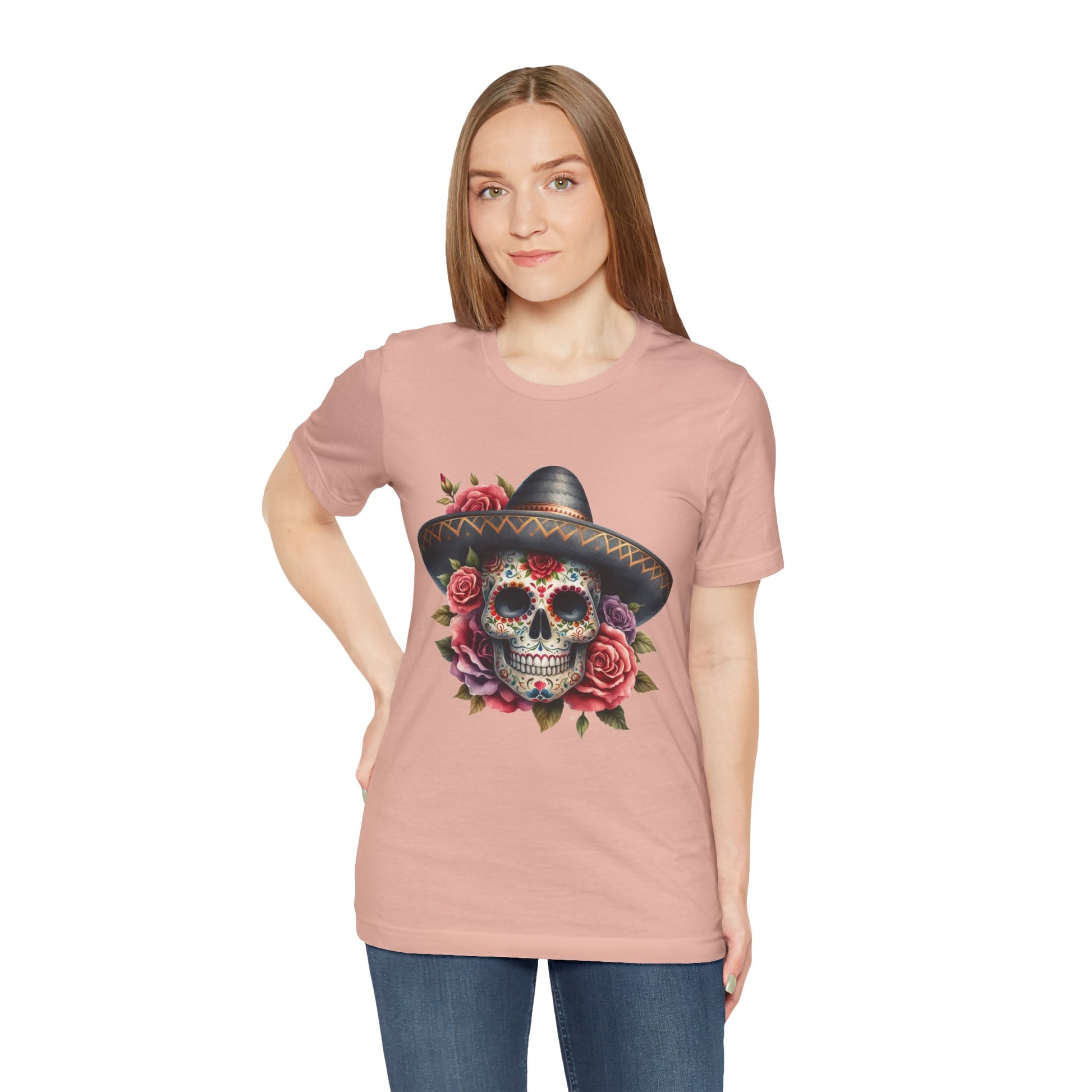 Colorful tee featuring a sugar skull in sombrero and roses for vibrant fiesta vibes