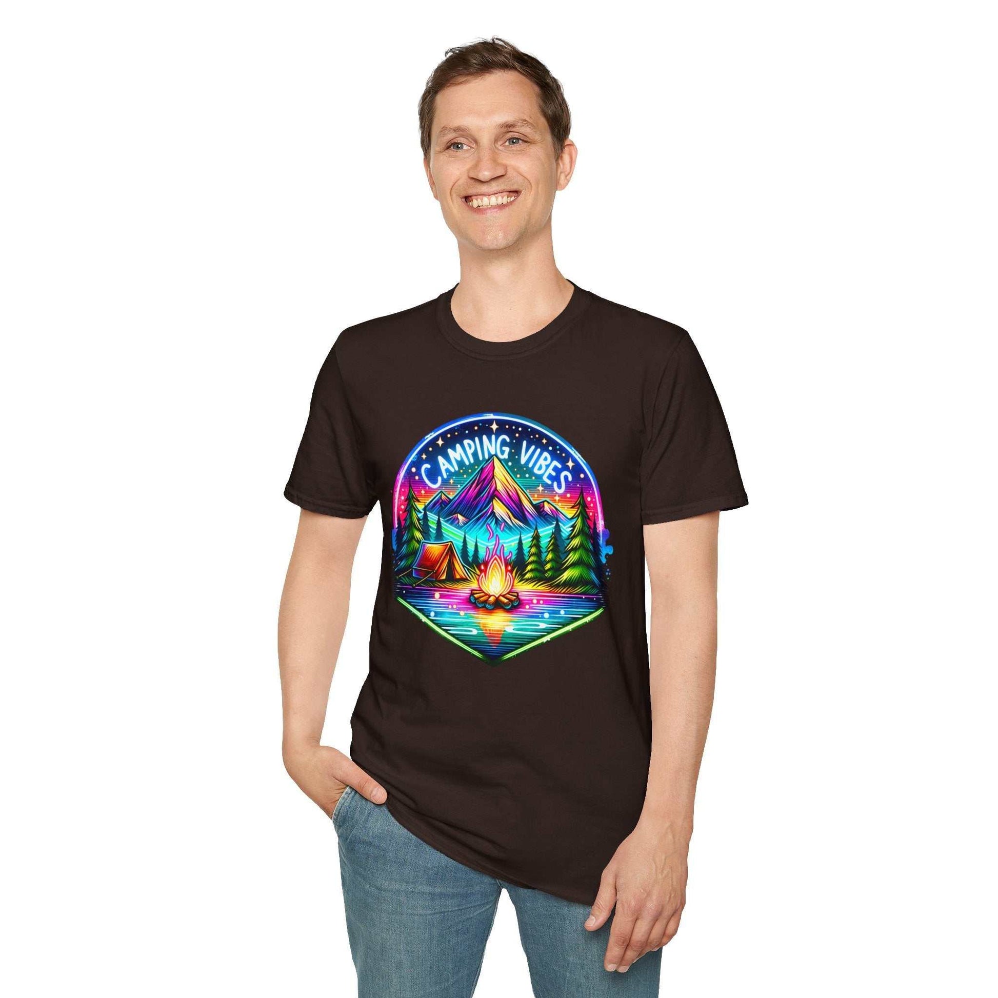 Unisex softstyle t-shirt with colorful camping vibes design featuring mountains, campfire, and tents.
