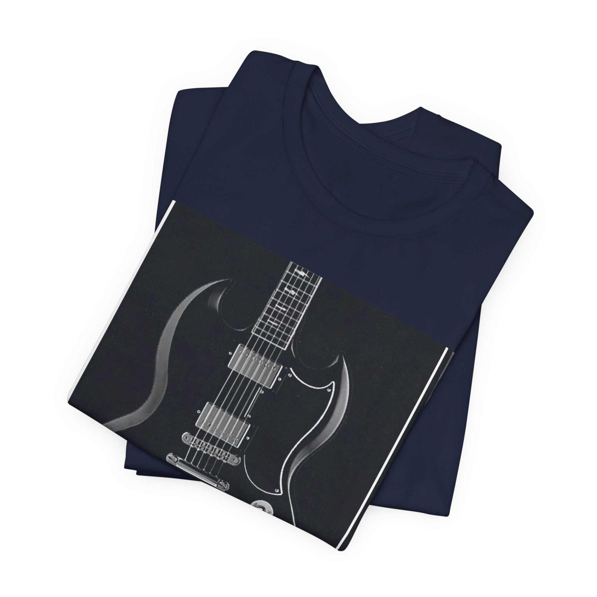 Folded navy blue Rock Guitar Graphic Tee with black and white electric guitar print on front