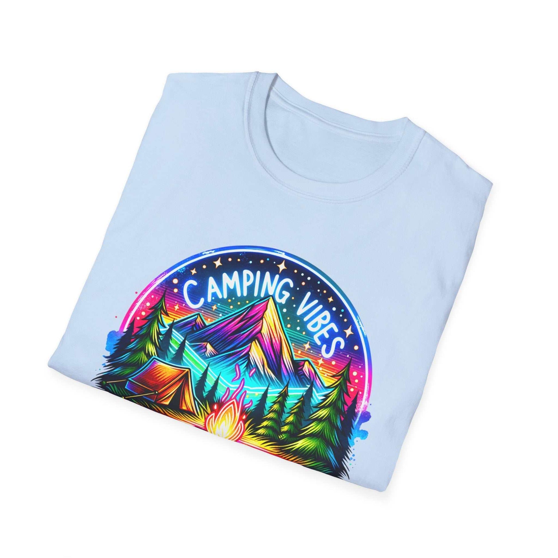 Light blue unisex softstyle t-shirt with colorful Camping Vibes mountain and campfire graphic design
