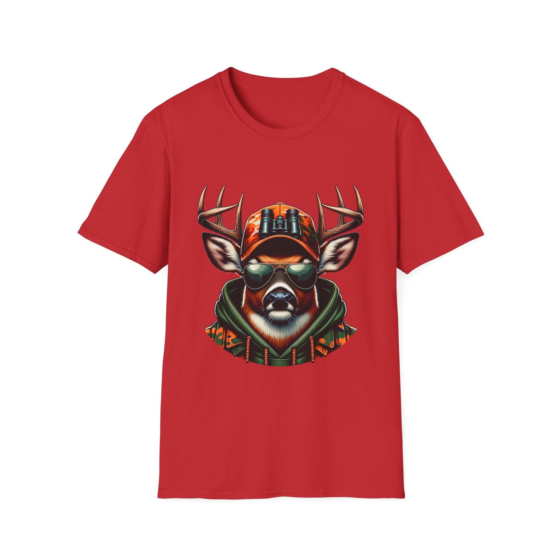 Red Hunting Enthusiast T-Shirt with graphic of deer wearing camouflage hat and sunglasses