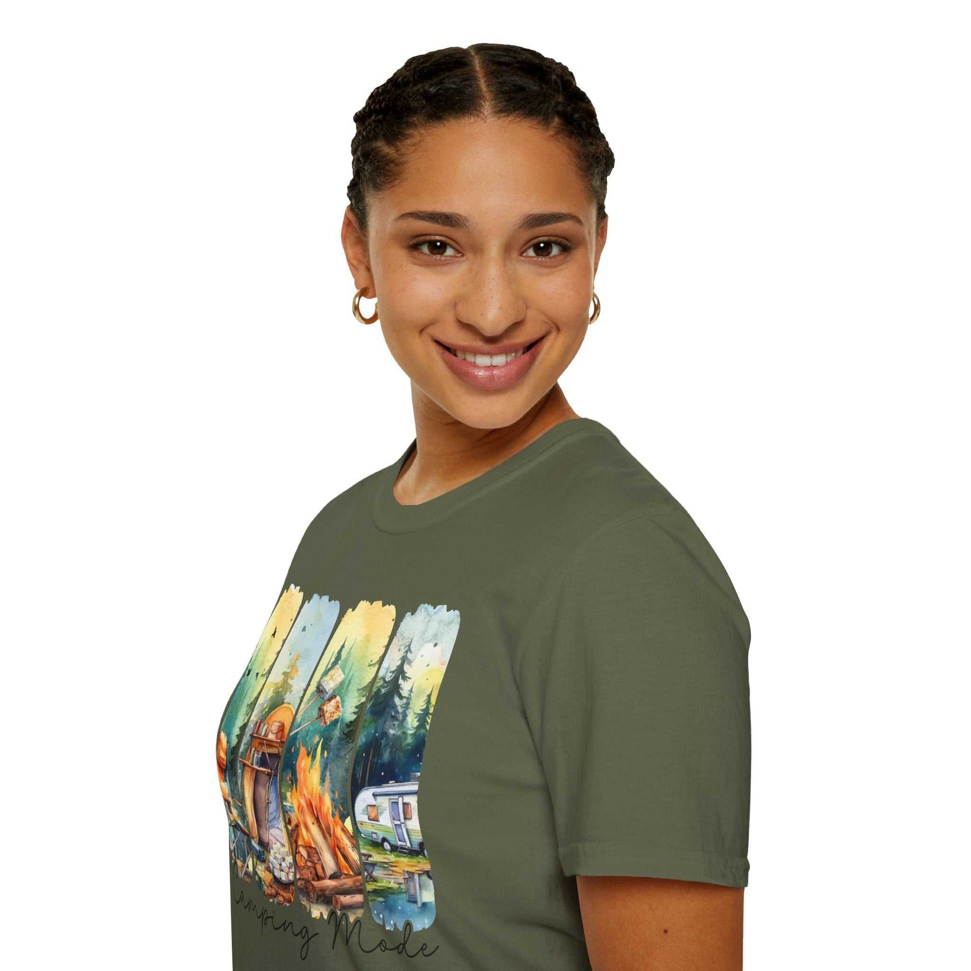Woman wearing olive green Camping Adventure Unisex T-Shirt with colorful outdoor camping graphic design
