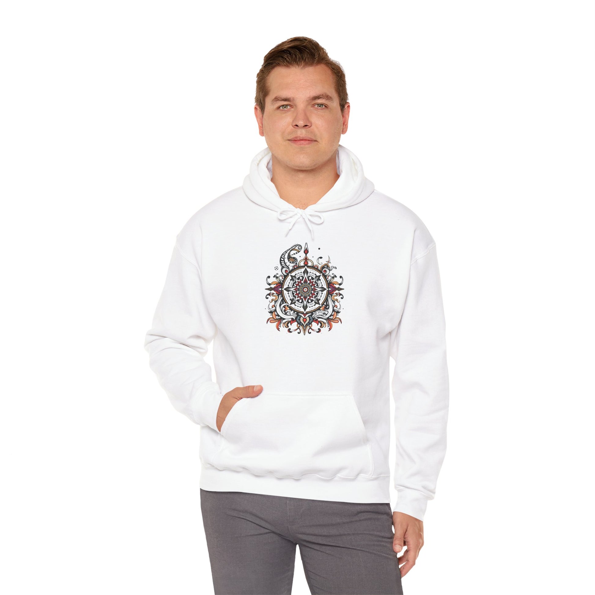 Cozy hoodie featuring a striking black, red, and white mandala, offered in vibrant color choices