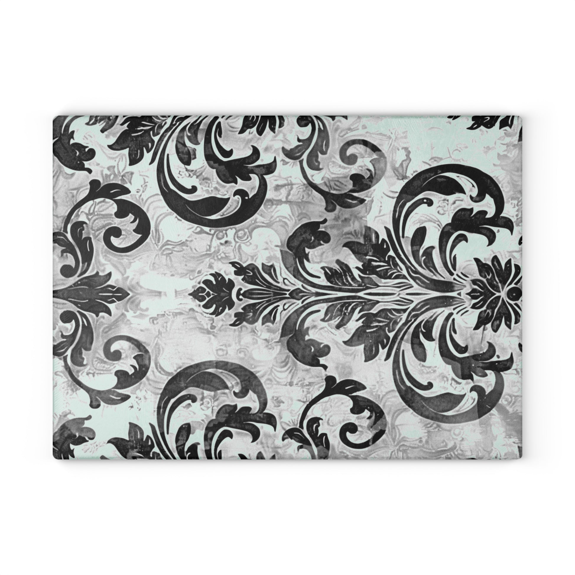Mint and Gray Baroque Glass Cutting Board with Black Flourish Pattern