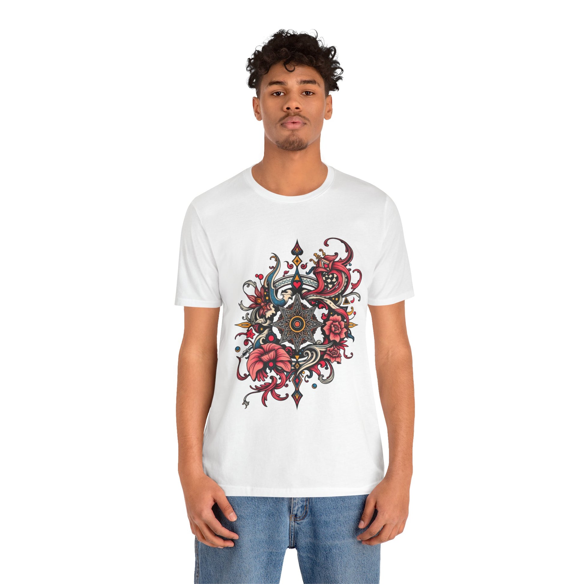 Vibrant tee with ornate red floral mandala design, offered in multiple bold color options