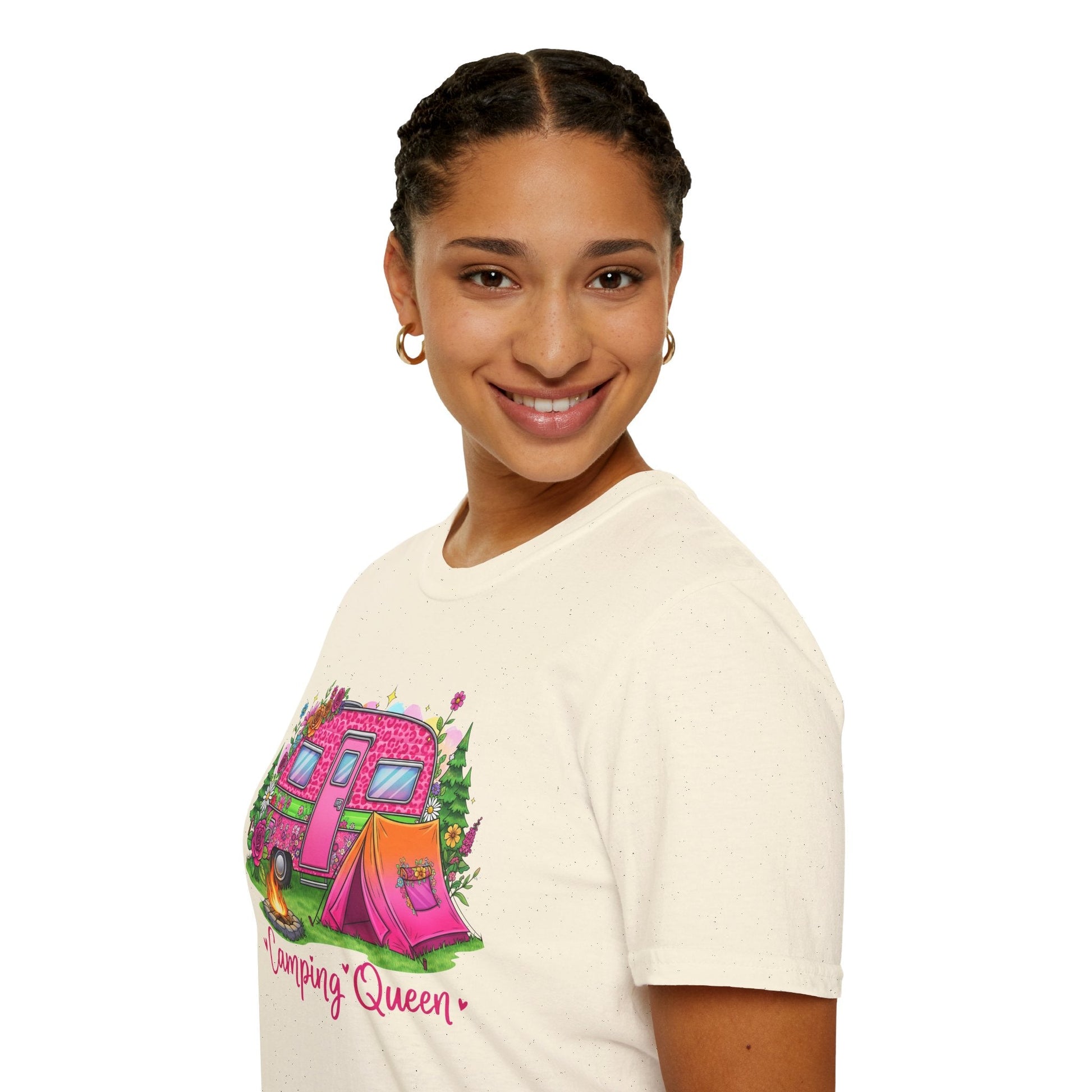 Woman wearing a cream-colored Camping Queen T-Shirt with a colorful camper and tent graphic on the front.