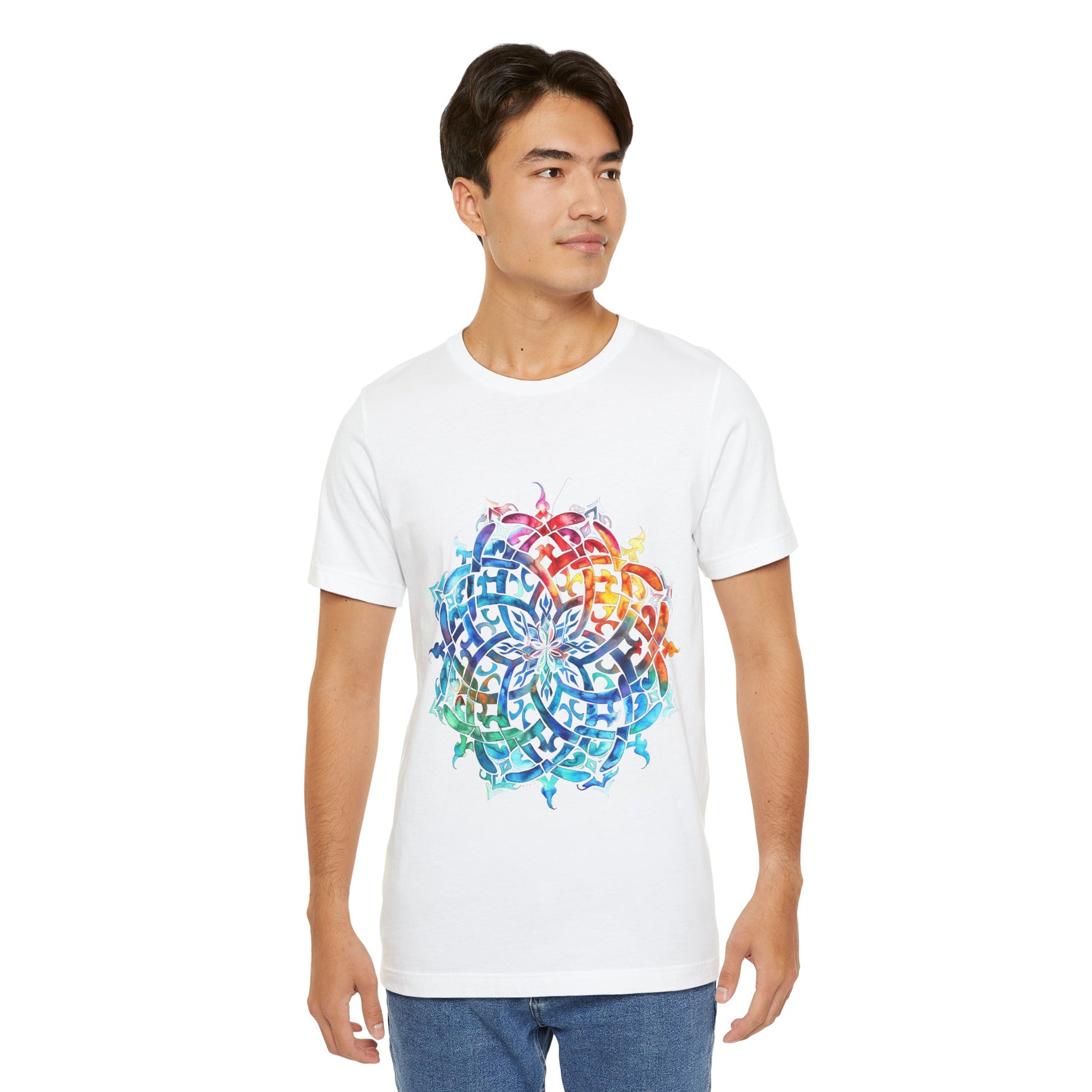 Artistic tee with a radiant rainbow mandala design, available in vibrant color options