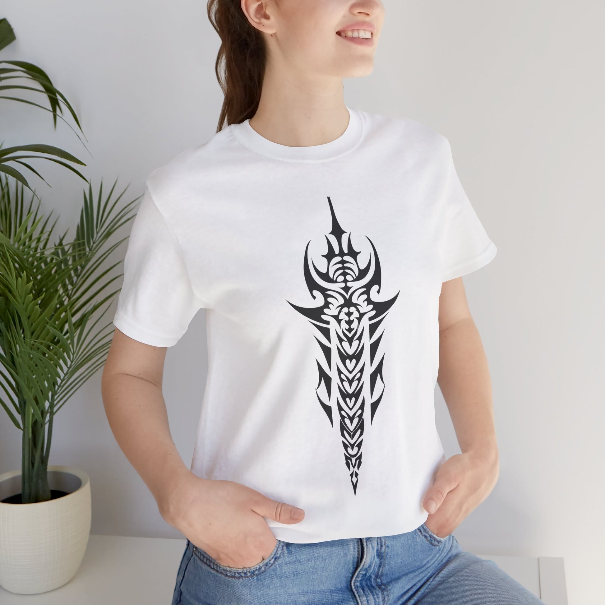 Tribal Sword T-Shirt – Bold Black Tattoo Art on Aqua Tee