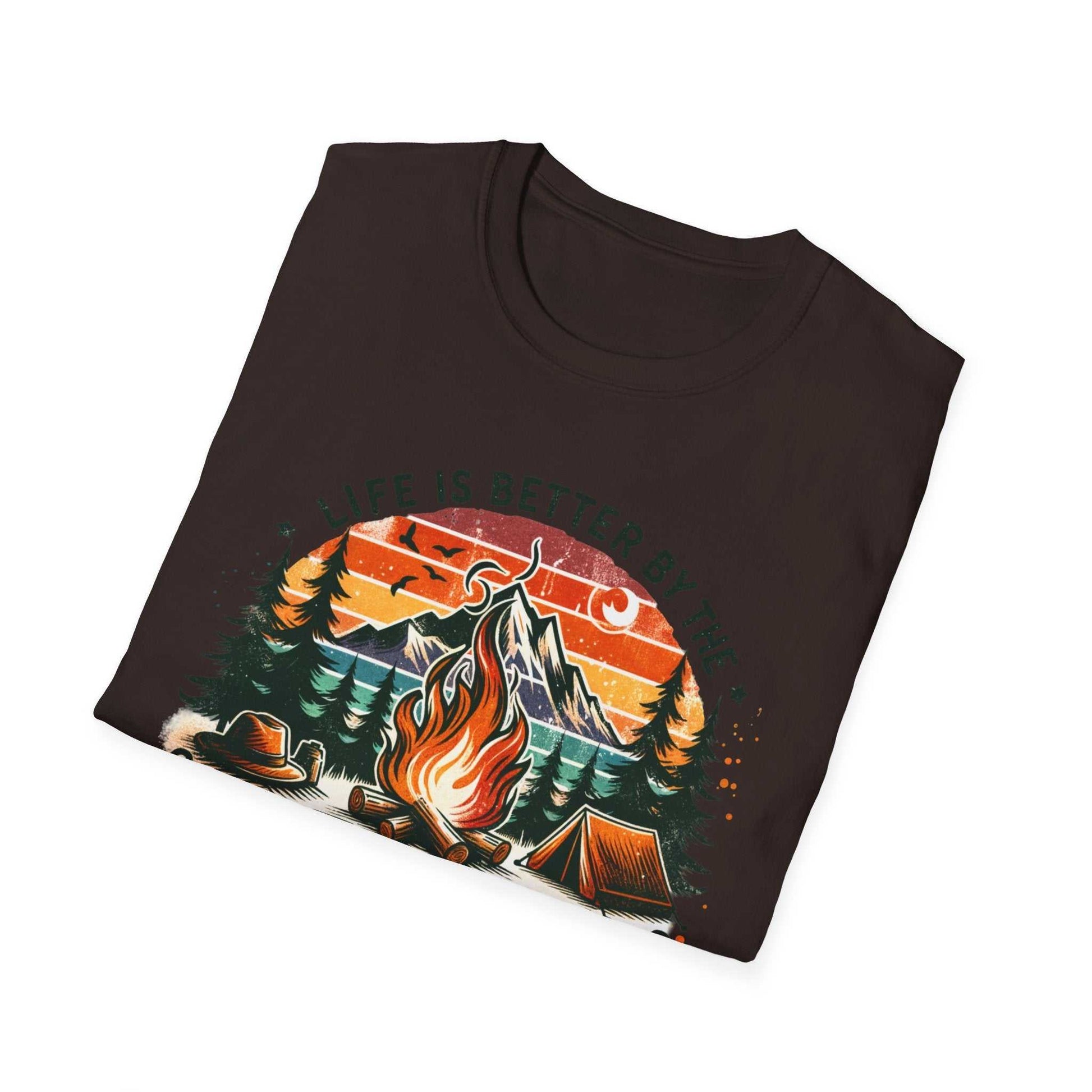 Camping Adventure Unisex T-Shirt with campfire and mountain design, soft cotton fabric, classic fit, and outdoor nature theme.
