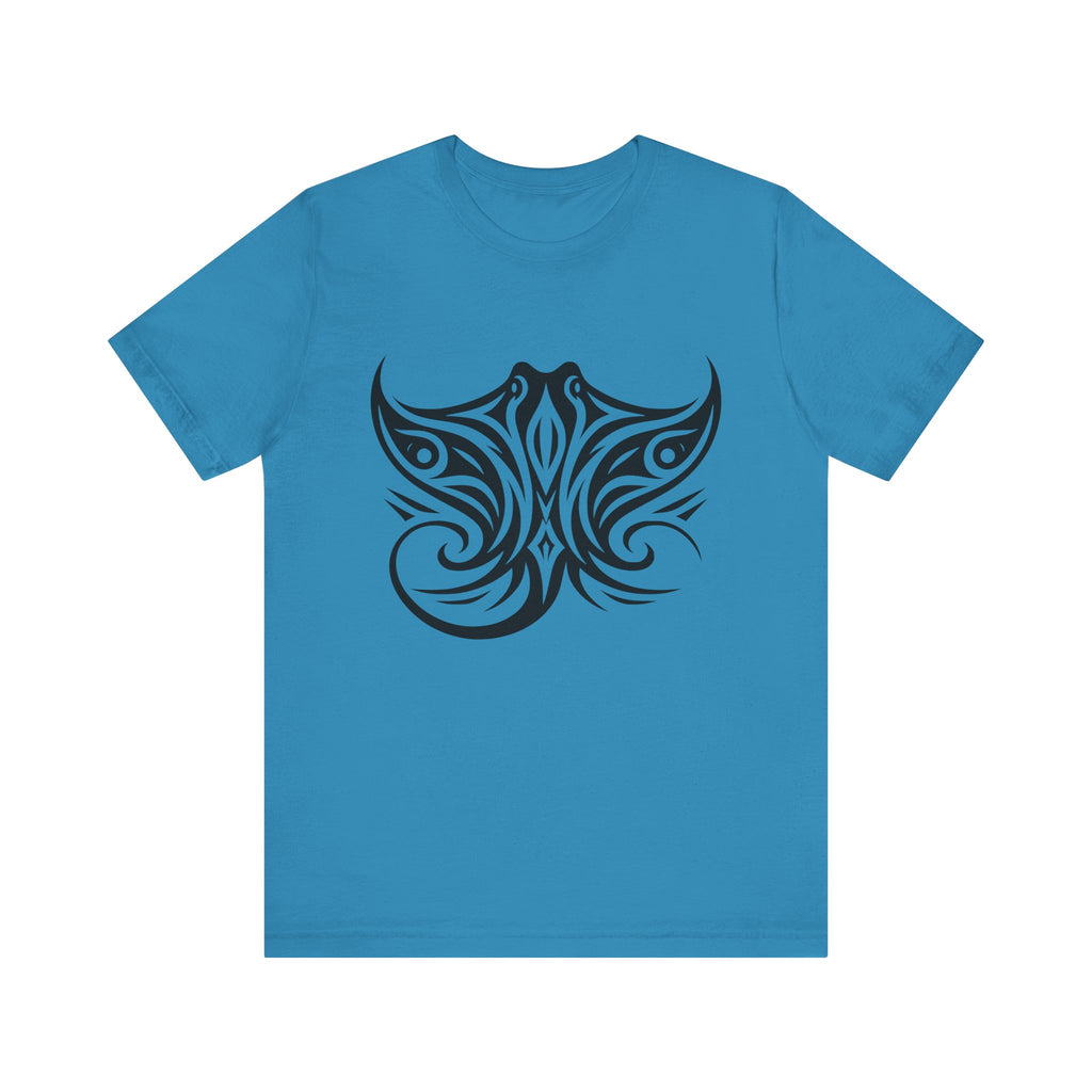 Tribal Manta Ray Tee – Bold Ocean Spirit Art on Sand-Colored Shirt