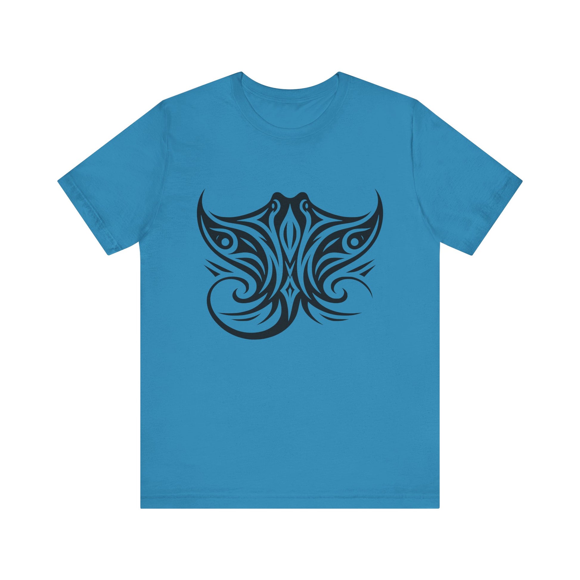 Tribal Manta Ray Tee – Bold Ocean Spirit Art on Sand-Colored Shirt