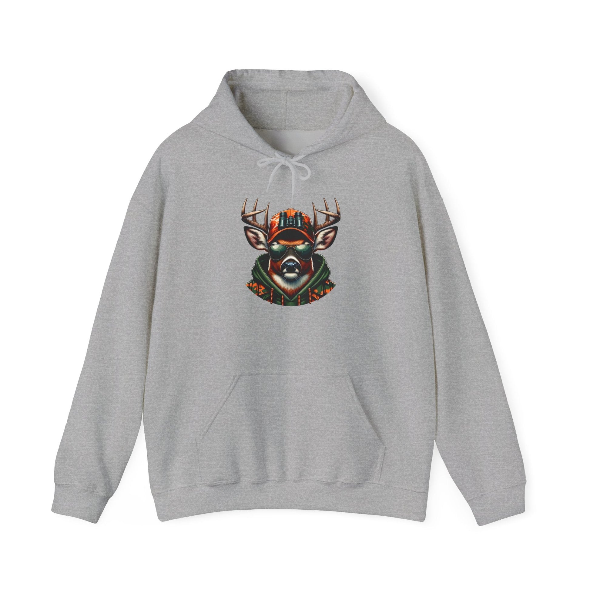 Grey hooded sweatshirt with bold colorful deer design and kangaroo pocket