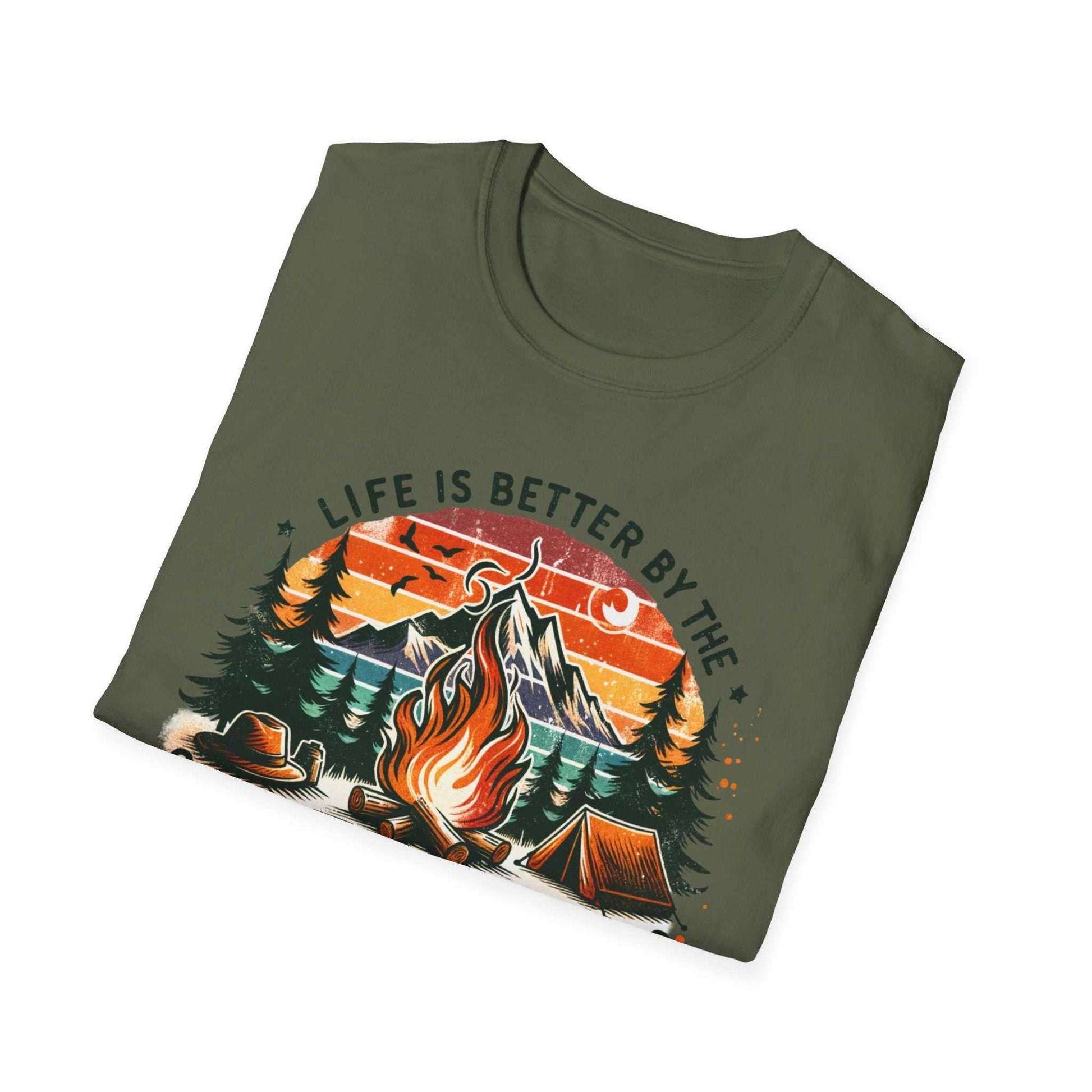 Camping Adventure Unisex T-Shirt with vibrant campfire design and "Life is Better by the Campfire" text on olive green background