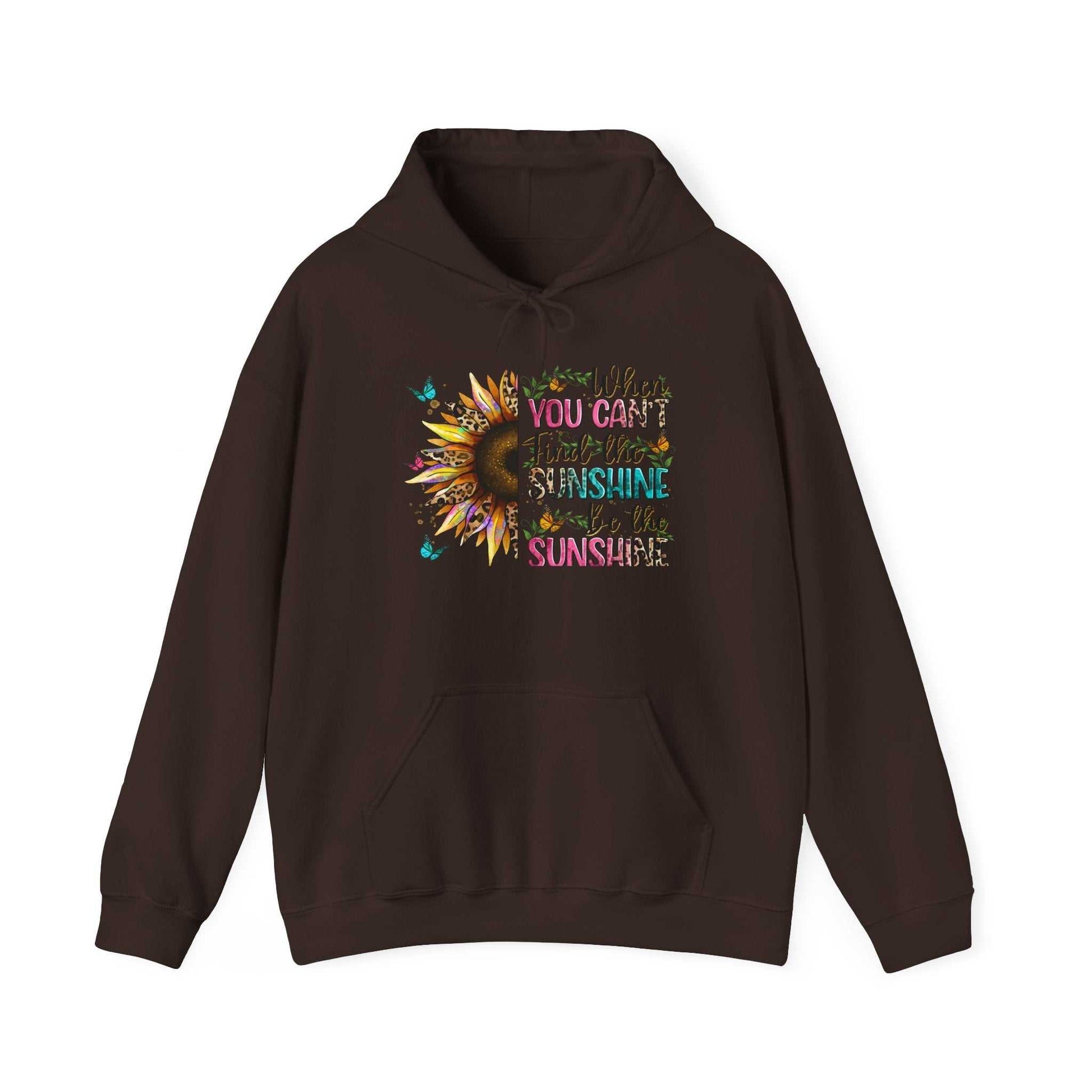Dark brown hoodie with colorful sunflower graphic and inspirational quote "You can't filter sunshine like sunshine" on front, featuring kangaroo pocket and adjustable drawstring hood.