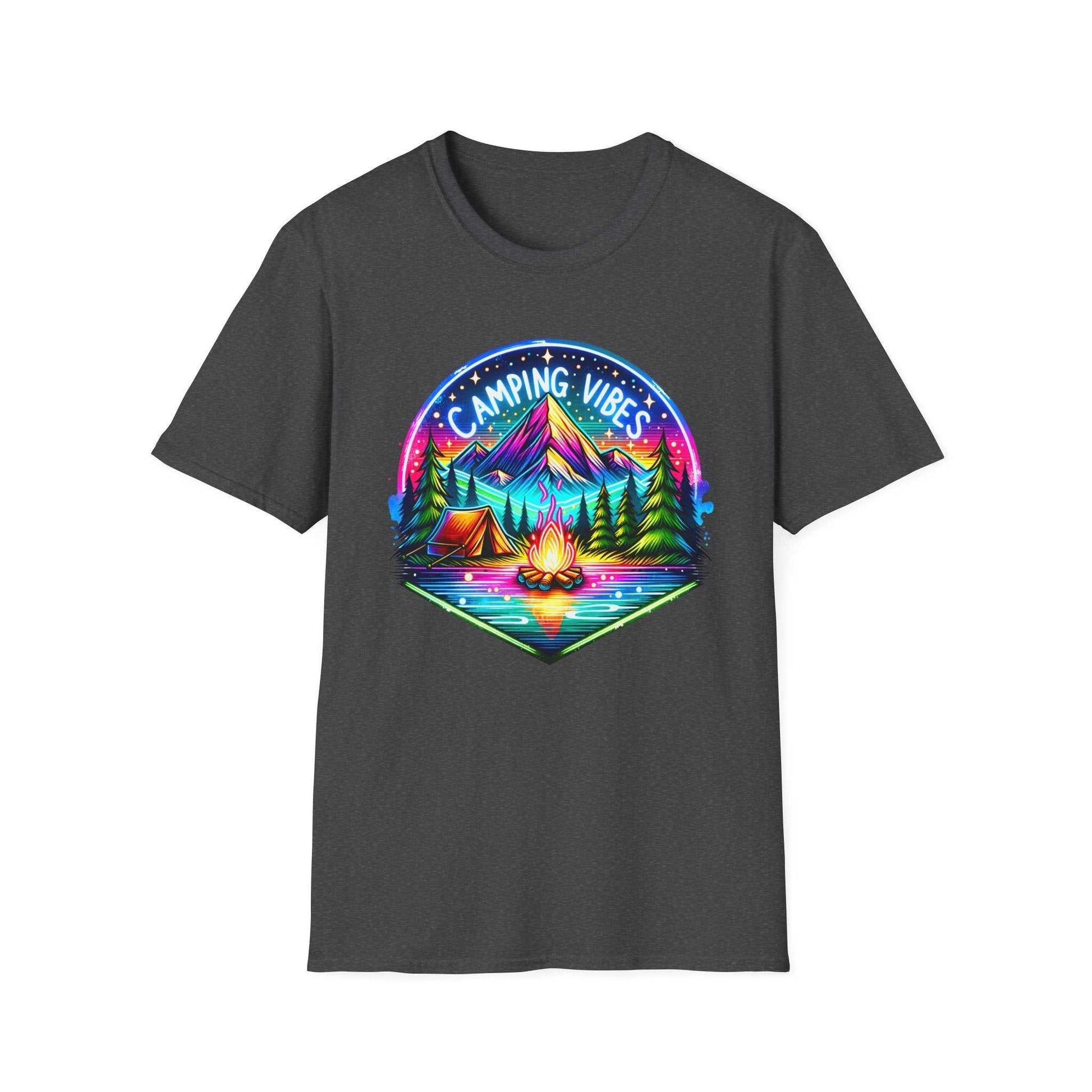 Unisex softstyle t-shirt with colorful camping vibes design featuring a tent, campfire, and mountain scenery on a dark gray background