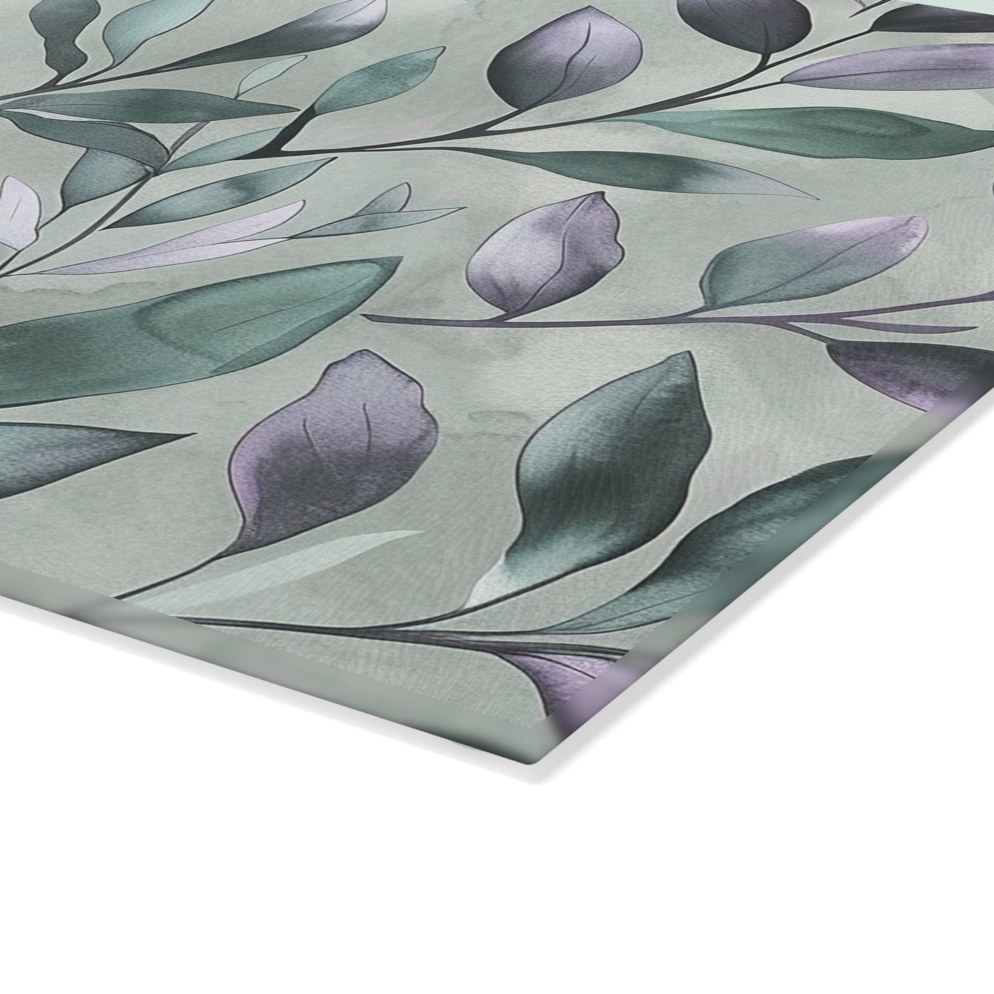 Sage Green Botanical Glass Cutting Board with Purple Leaf Pattern