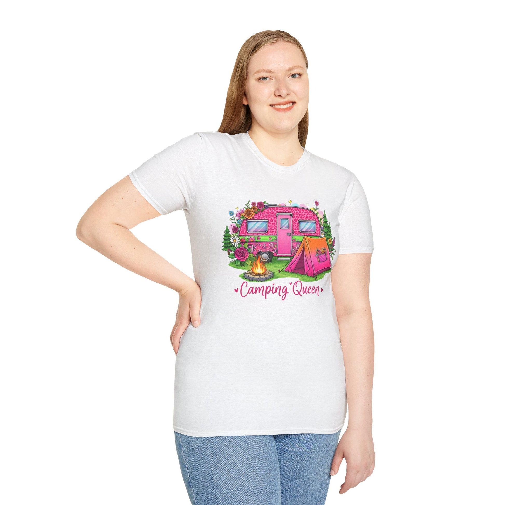 Woman wearing white Camping Queen T-Shirt with colorful camper, tent, and campfire design.