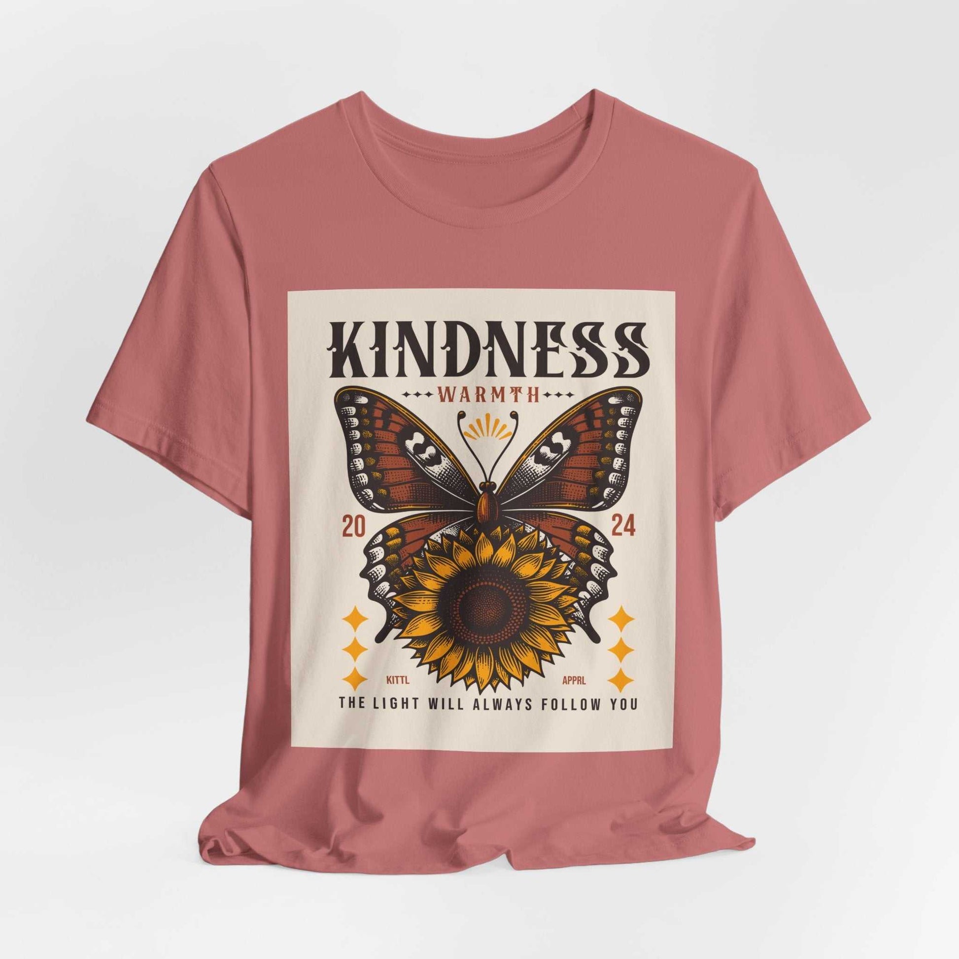 Unisex dusty rose Kindness Butterfly Tee with butterfly and sunflower graphic and motivational text