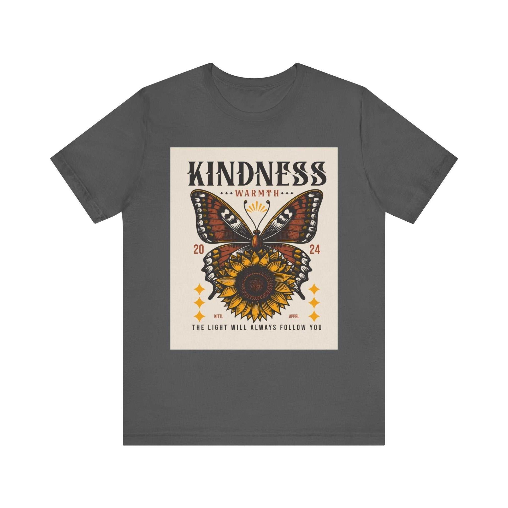 Gray Kindness Butterfly Tee with sunflower and butterfly graphic and inspiring text design