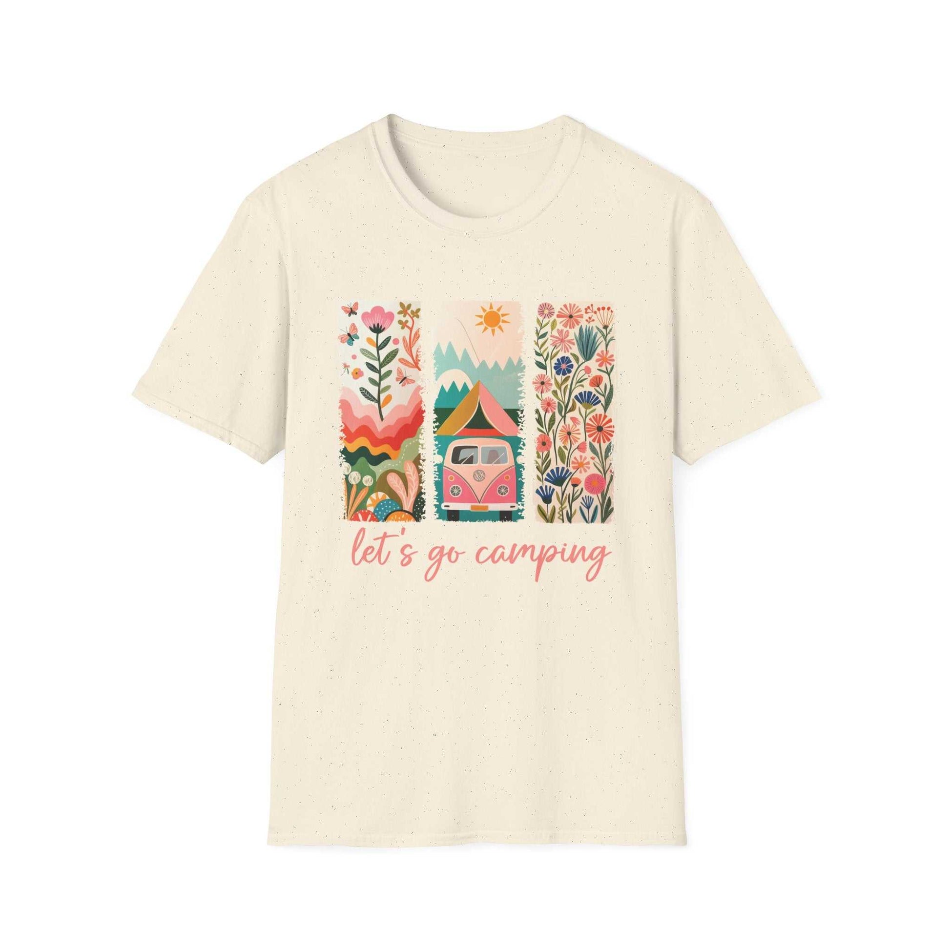 Unisex softstyle t-shirt with colorful camping adventure design and "let's go camping" text on cream fabric