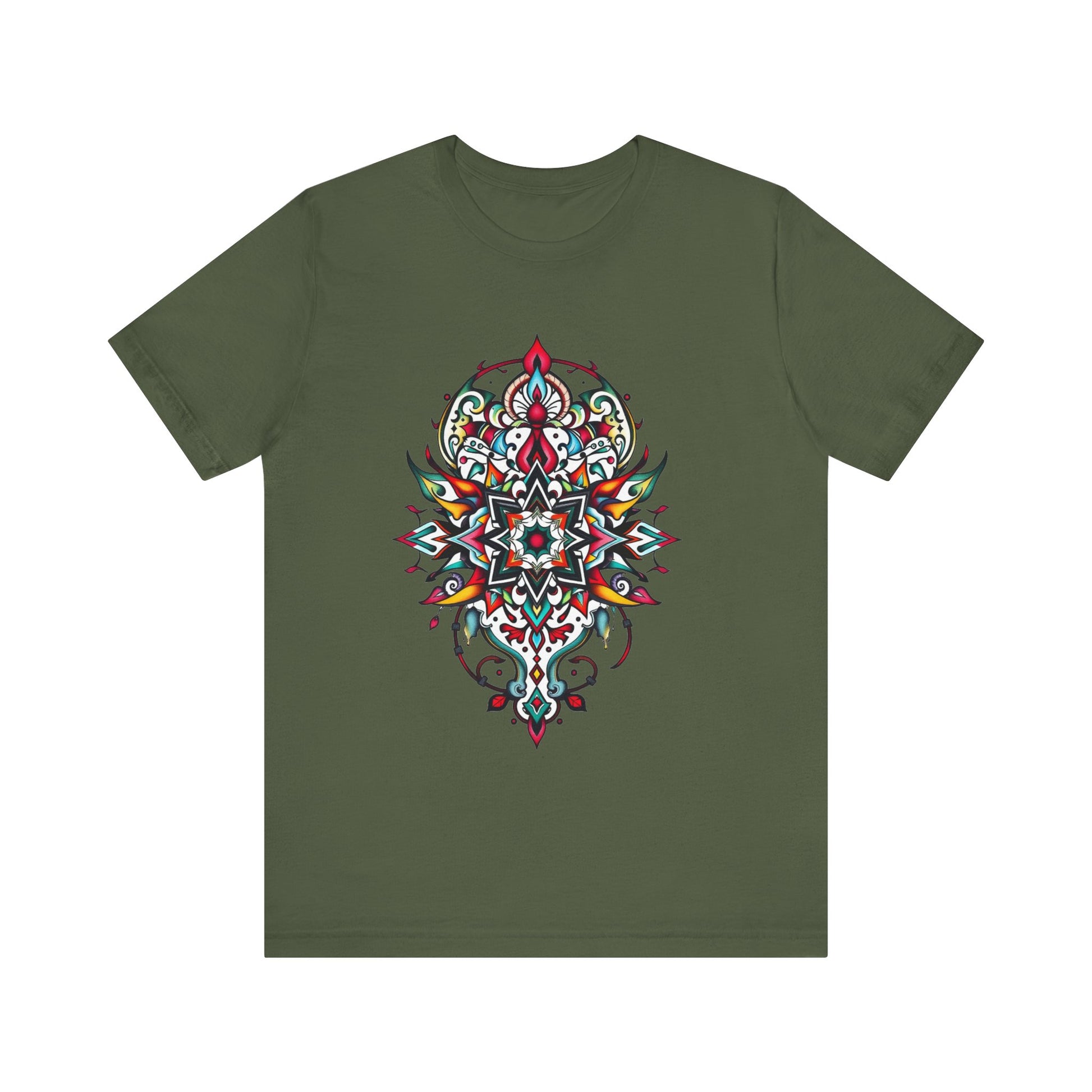 Bold tee featuring a vibrant, intricate mandala design, offered in multiple color options