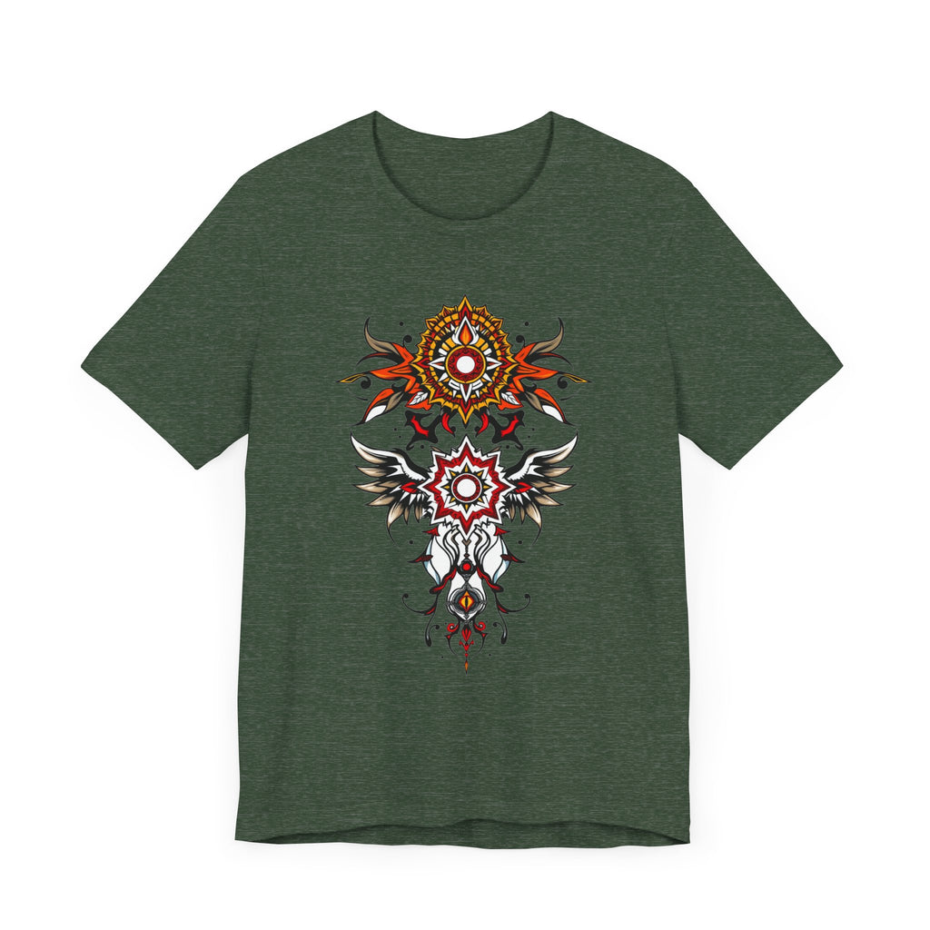Turn heads in this tee, available in vibrant colors, showcasing a fiery red and gold tribal mandala for bold, artistic style